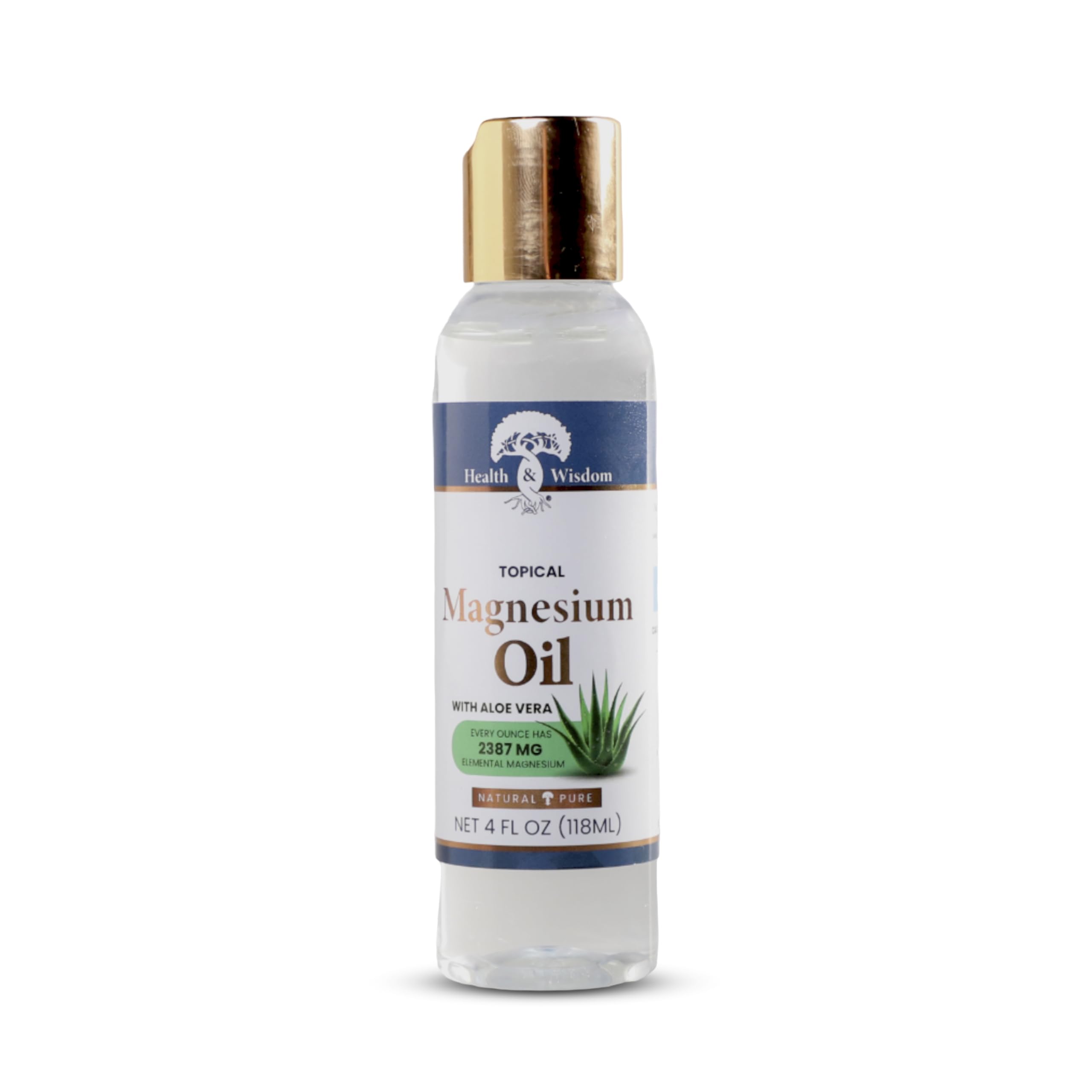 Health and Wisdom Pure Magnesium Oil with Aloe Vera - Topical Skin Moisturizer and Gentle Muscle Support - Enhanced Absorption - 4 fl oz