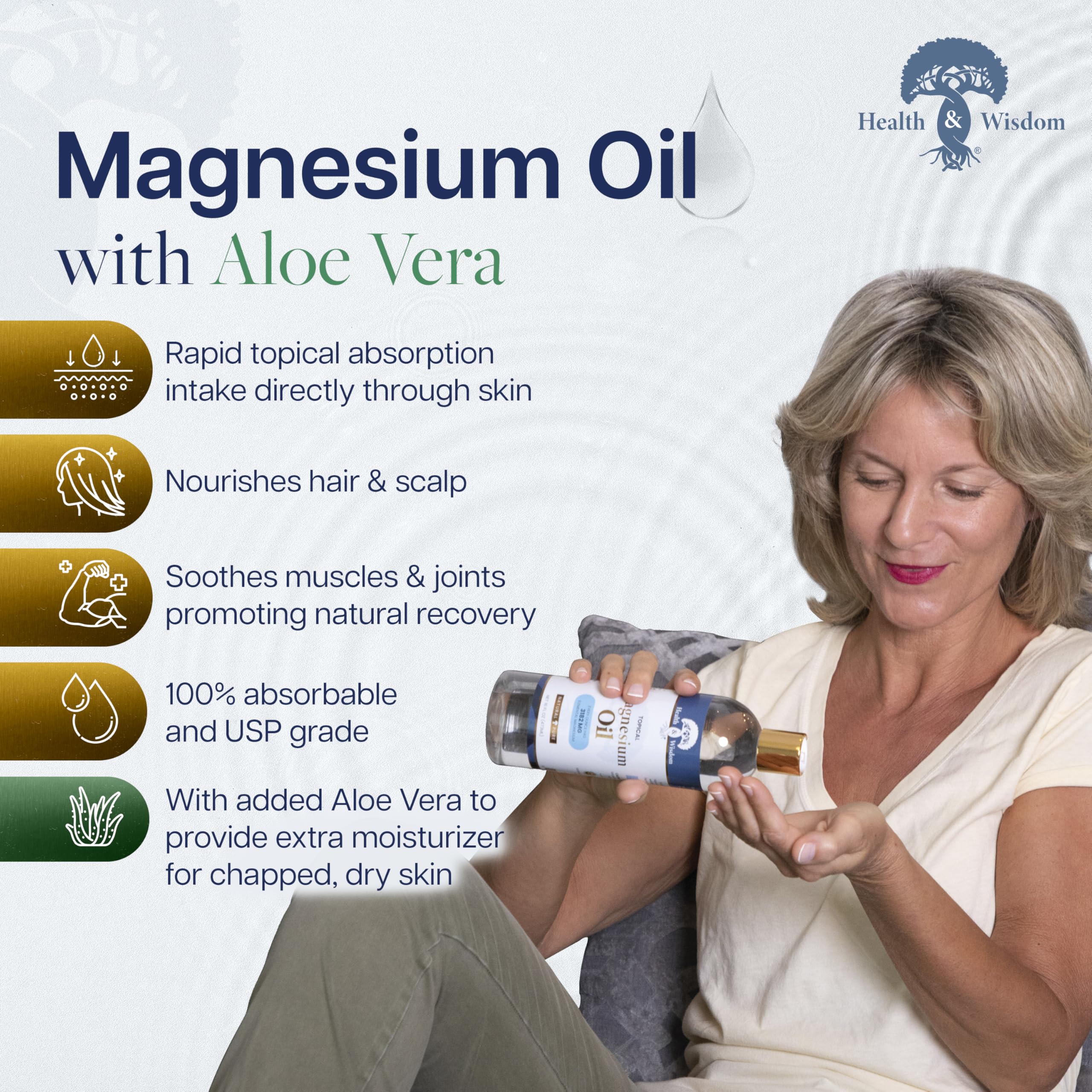 Health and Wisdom Pure Magnesium Oil with Aloe Vera - Topical Skin Moisturizer and Gentle Muscle Support - Enhanced Absorption - 4 fl oz