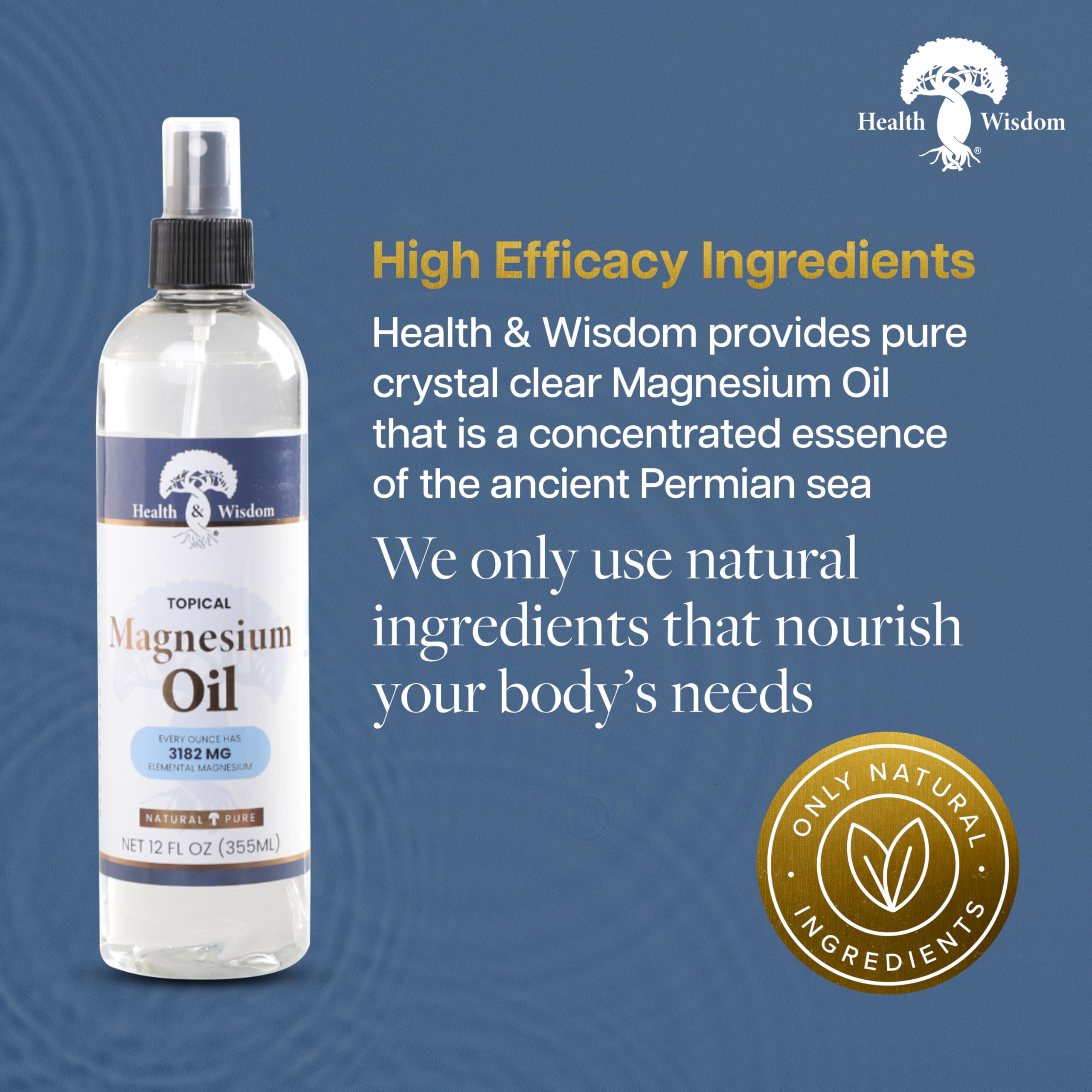 Health & Wisdom Pure Magnesium Oil – Topical Muscle & Joint Relief, Skin Moisturizer (12 oz)