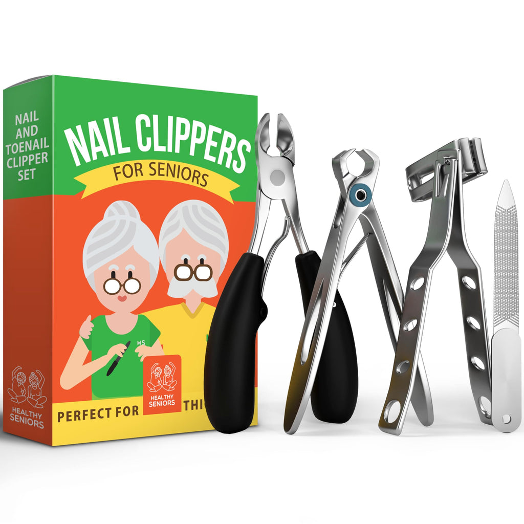 Healthy Seniors Toenail Clippers for Thick Toenails – 4-Piece Heavy Duty Set with Rotating Head