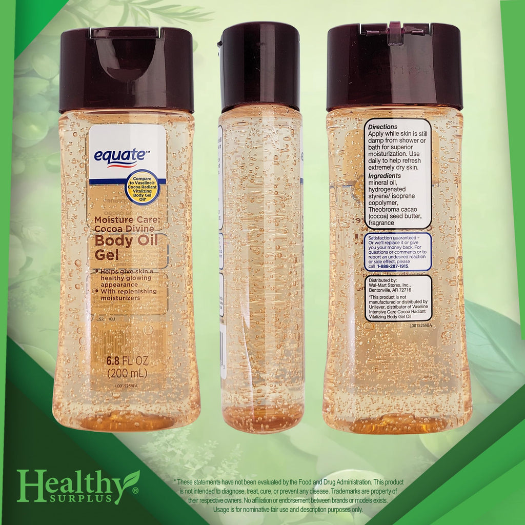 Healthy Surplus Equate Body Oil Gel Cocoa Divine – 6.8 FL OZ (200 mL) + Vital Volumes Tips Card