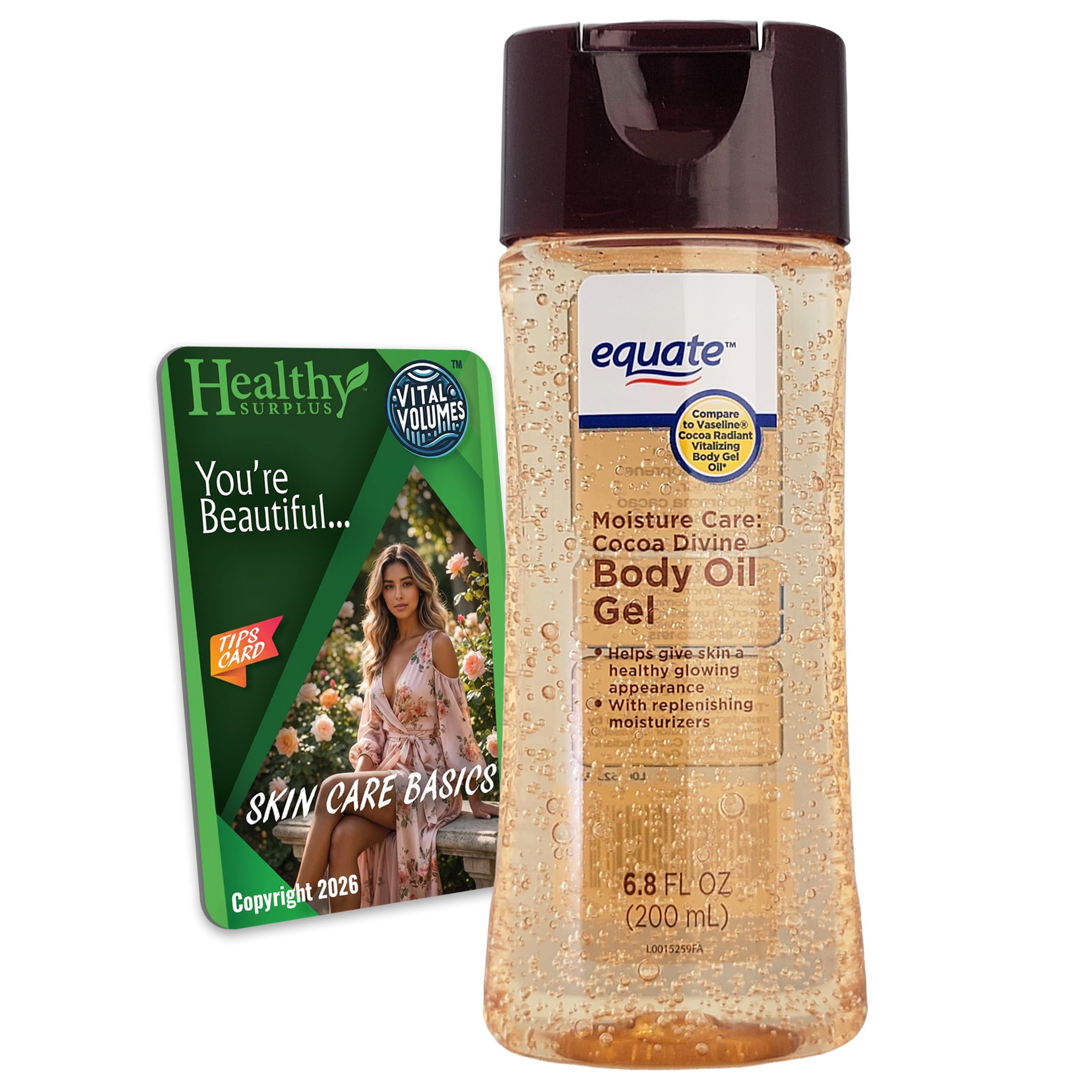 Healthy Surplus Equate Body Oil Gel Cocoa Divine – 6.8 FL OZ (200 mL) + Vital Volumes Tips Card