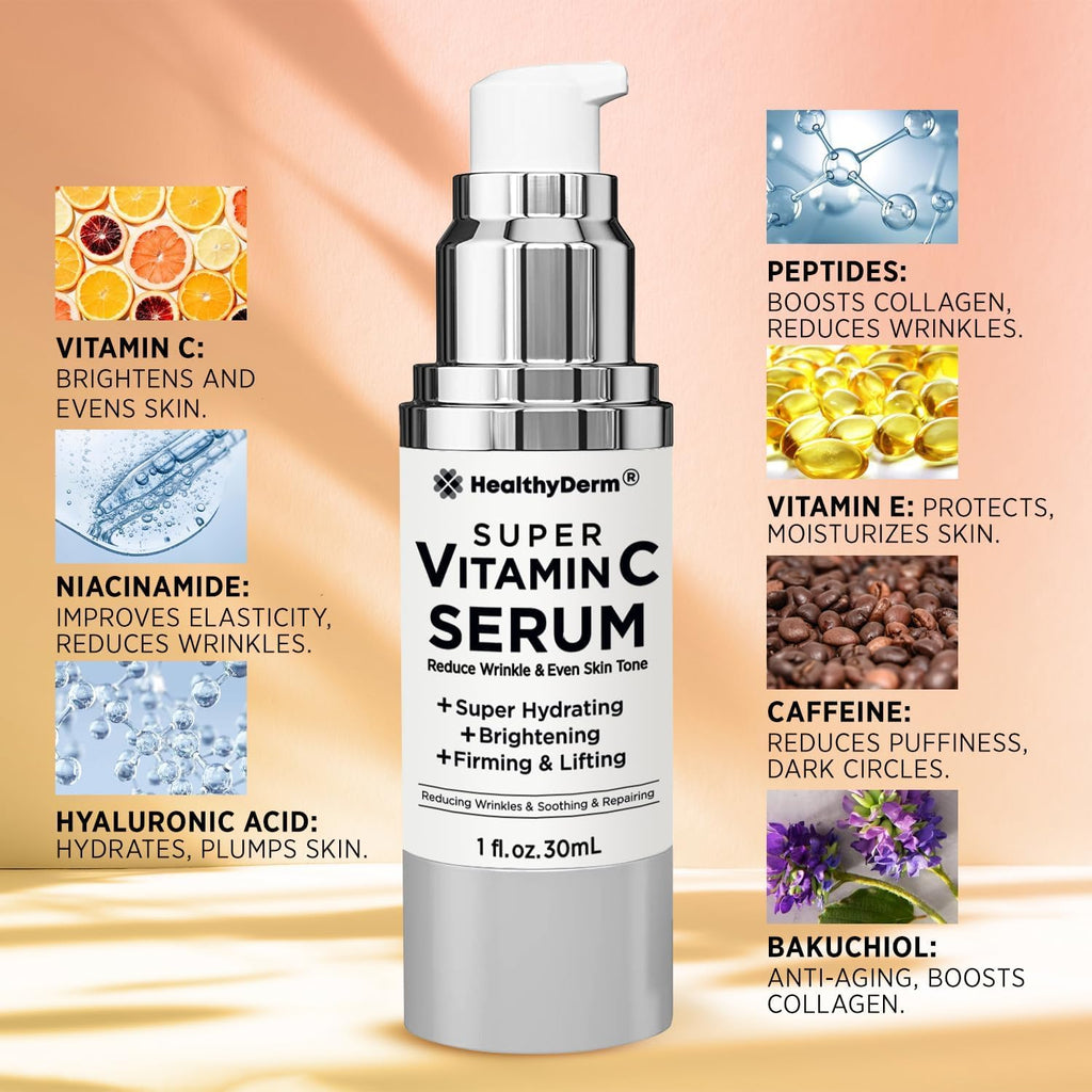 HealthyDerm Super Vitamin C Serum for Women Over 70 – Pack of 3 | Niacinamide, Hyaluronic Acid, Peptides, Bakuchiol, Vitamin E