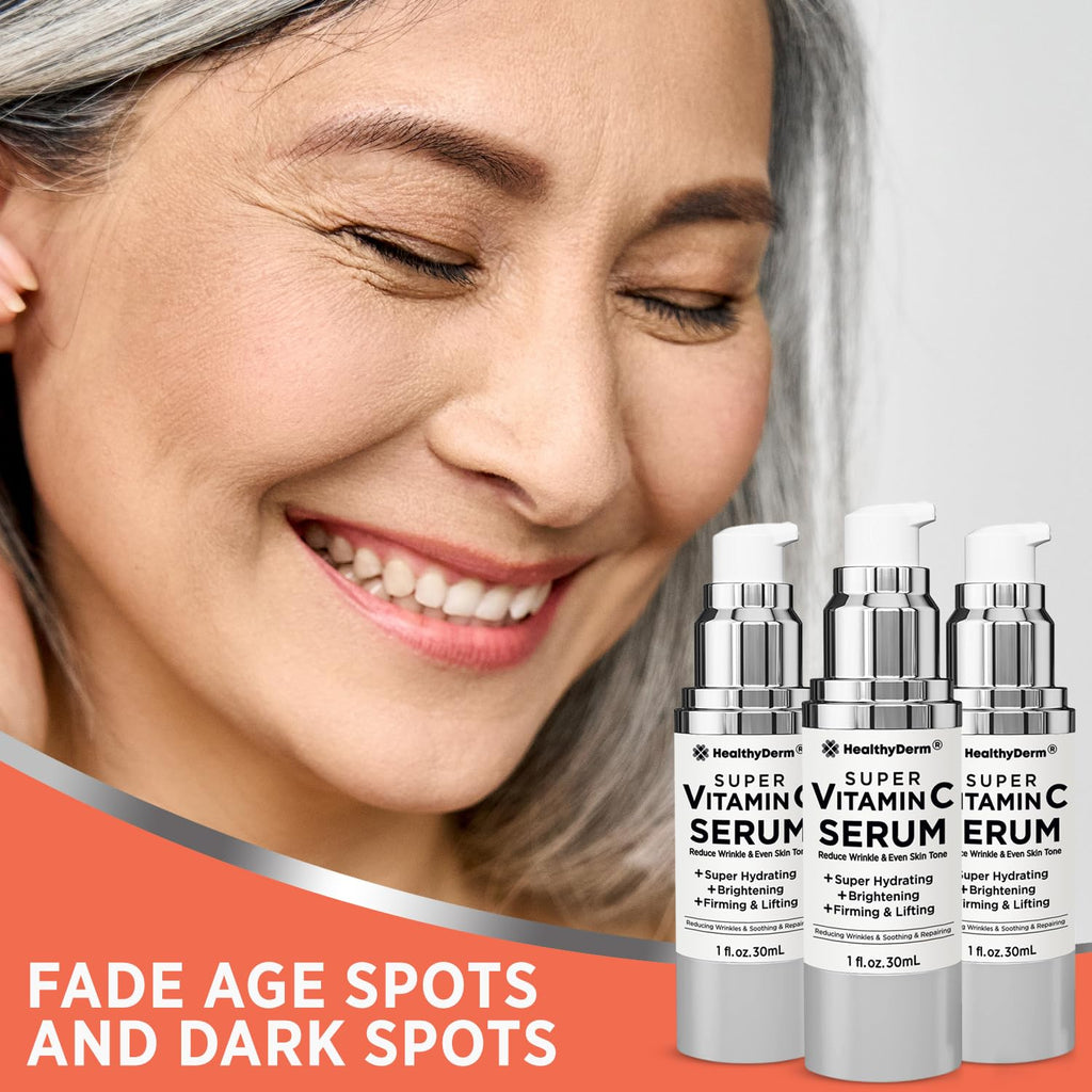 HealthyDerm Super Vitamin C Serum for Women Over 70 – Pack of 3 | Niacinamide, Hyaluronic Acid, Peptides, Bakuchiol, Vitamin E