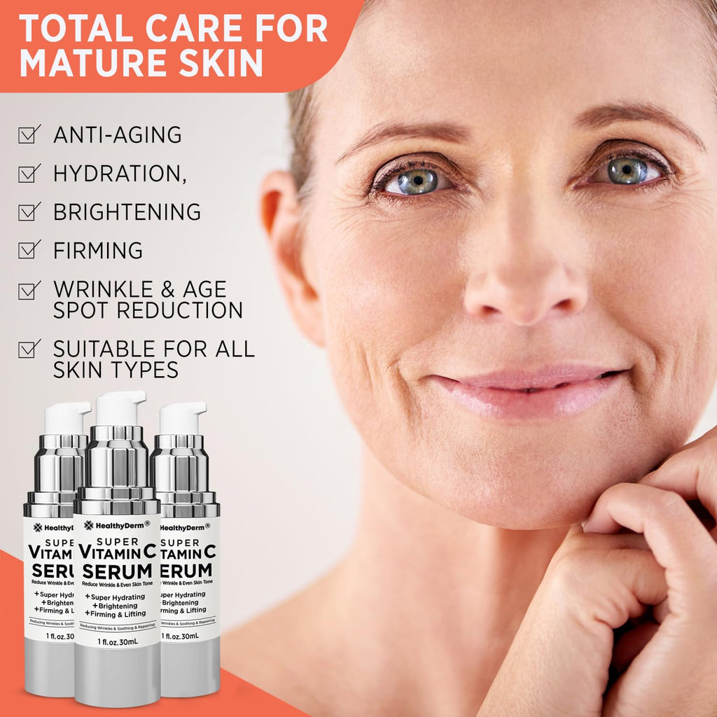 HealthyDerm Super Vitamin C Serum for Women Over 70 – Pack of 3 | Niacinamide, Hyaluronic Acid, Peptides, Bakuchiol, Vitamin E
