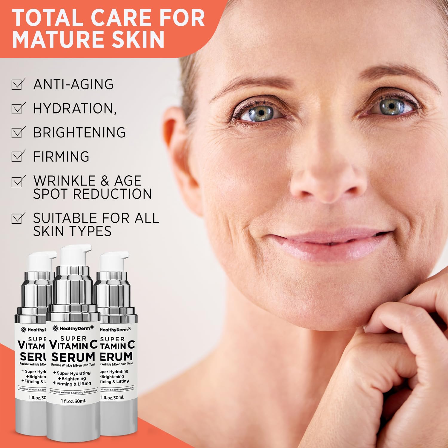HealthyDerm Super Vitamin C Serum for Women Over 70 – Pack of 3 | Niacinamide, Hyaluronic Acid, Peptides, Bakuchiol, Vitamin E