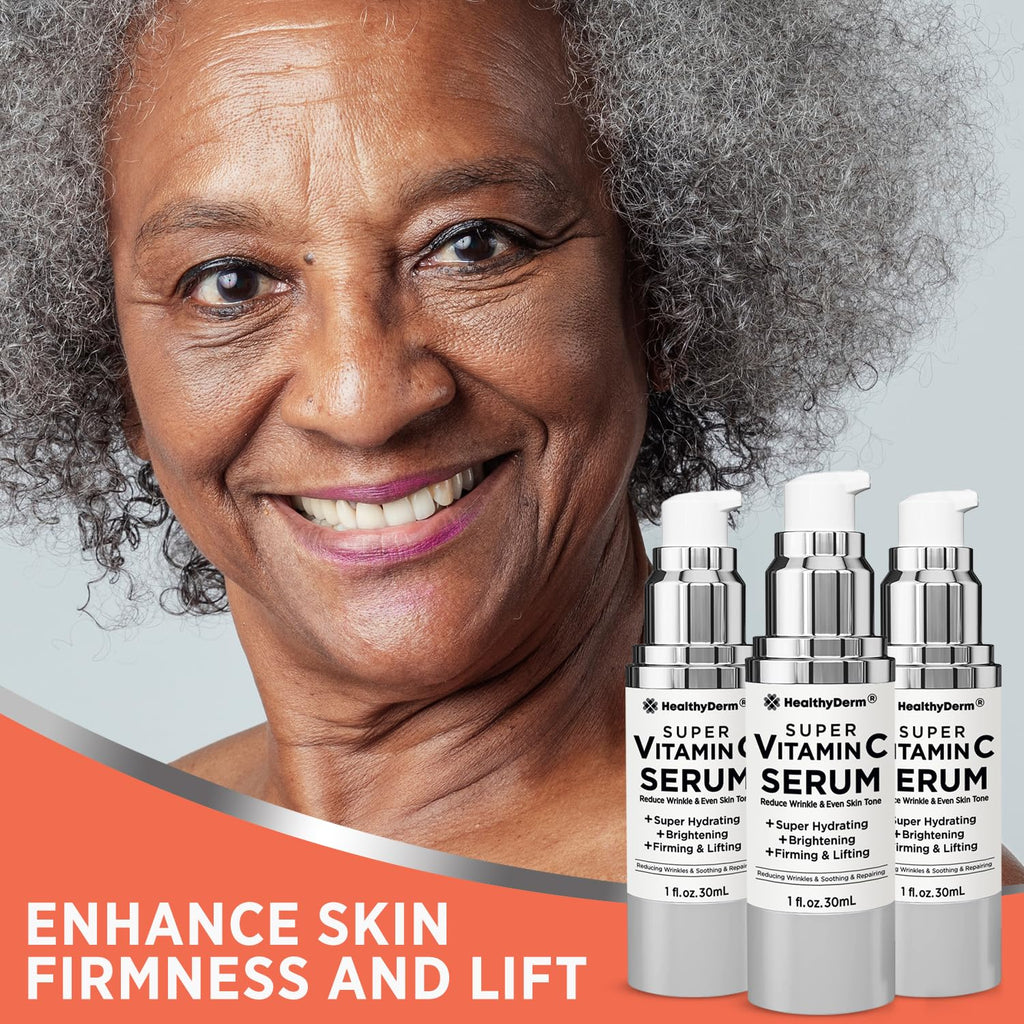 HealthyDerm Super Vitamin C Serum for Women Over 70 – Pack of 3 | Niacinamide, Hyaluronic Acid, Peptides, Bakuchiol, Vitamin E