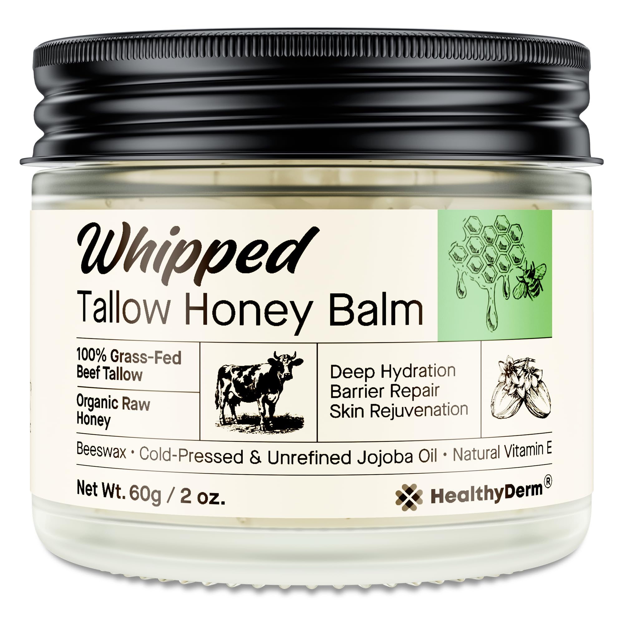 HealthyDerm Beef Tallow Honey Balm – 100% Grass-Fed Whipped Moisturizer (2oz)