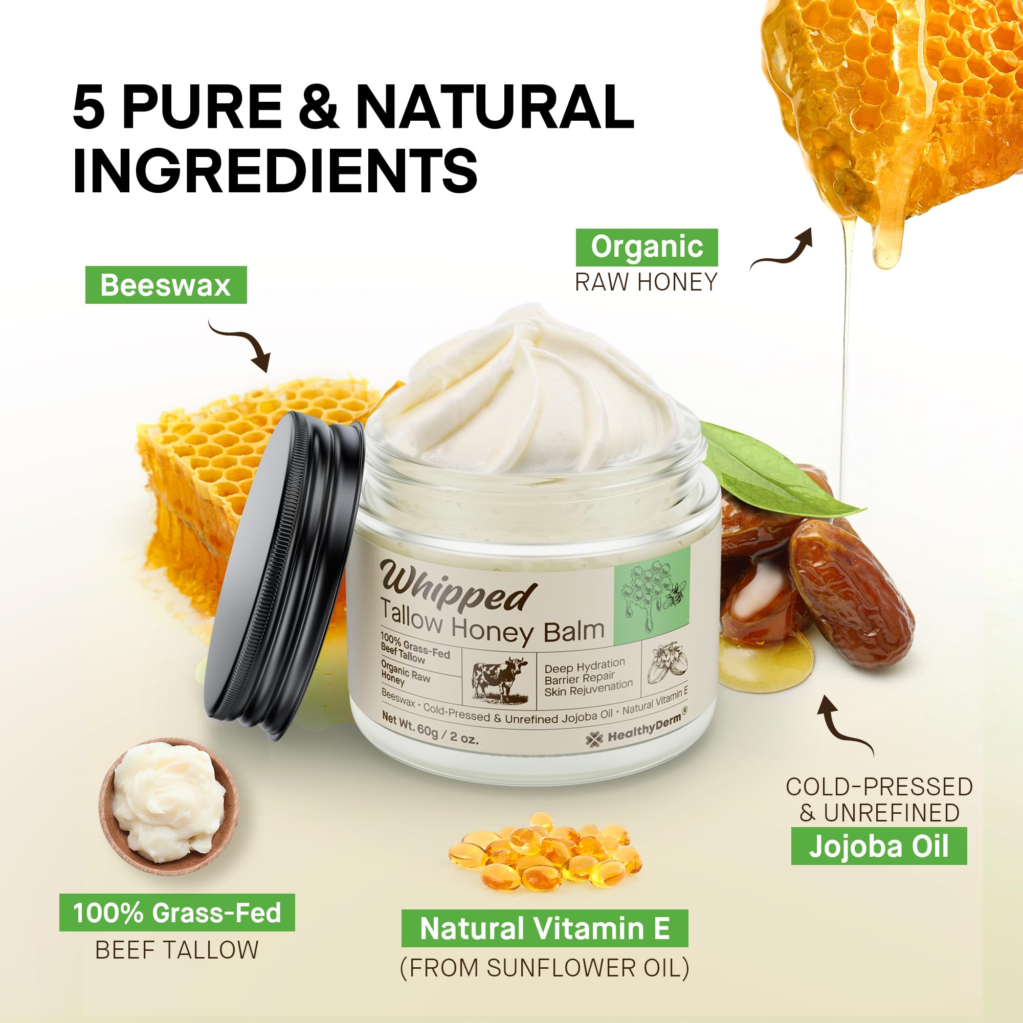HealthyDerm Beef Tallow Honey Balm – 100% Grass-Fed Whipped Moisturizer (2oz)