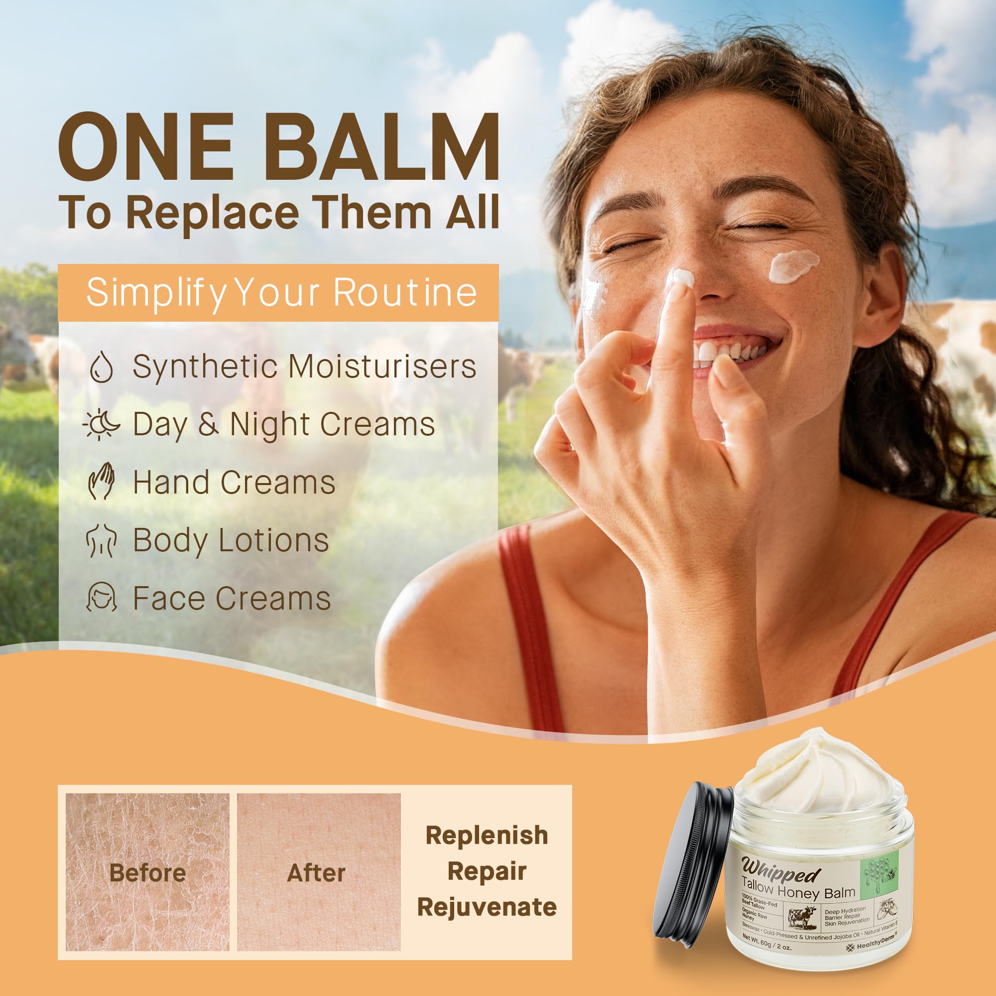 HealthyDerm Beef Tallow Honey Balm – 100% Grass-Fed Whipped Moisturizer (2oz)