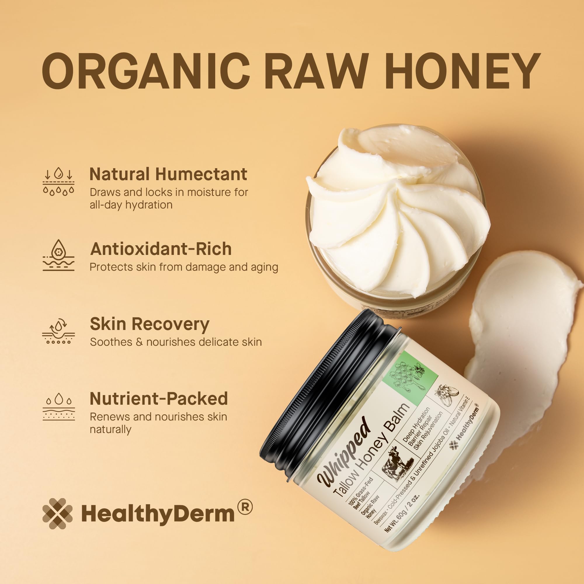 HealthyDerm Beef Tallow Honey Balm – 100% Grass-Fed Whipped Moisturizer (2oz)