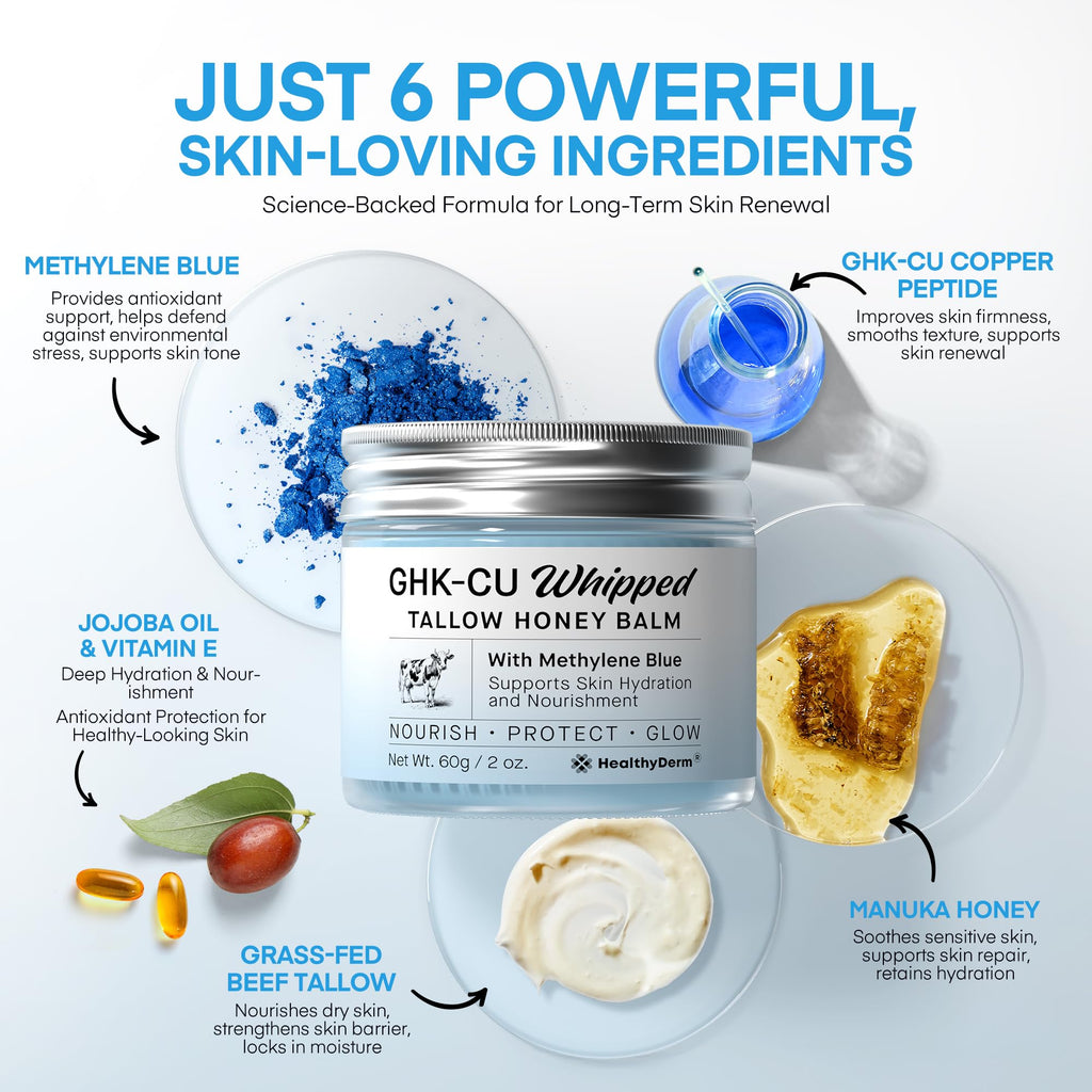 HealthyDerm Copper Peptides GHK-Cu Beef Tallow Blue Balm – Hydrating Face & Body Moisturizer for Mature, Dry & Sensitive Skin – 2oz