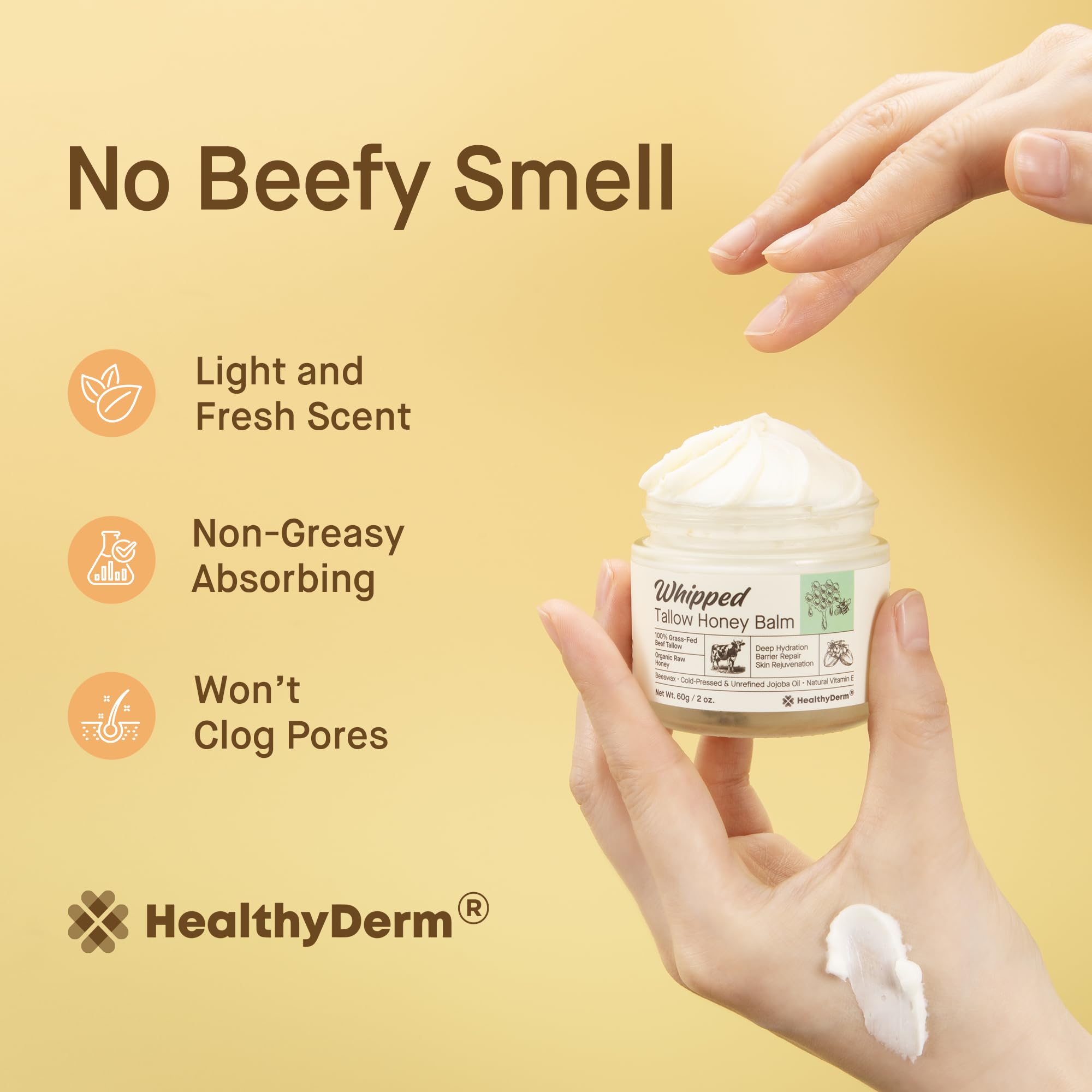 HealthyDerm Beef Tallow Honey Balm – 100% Grass-Fed Whipped Moisturizer (2oz)