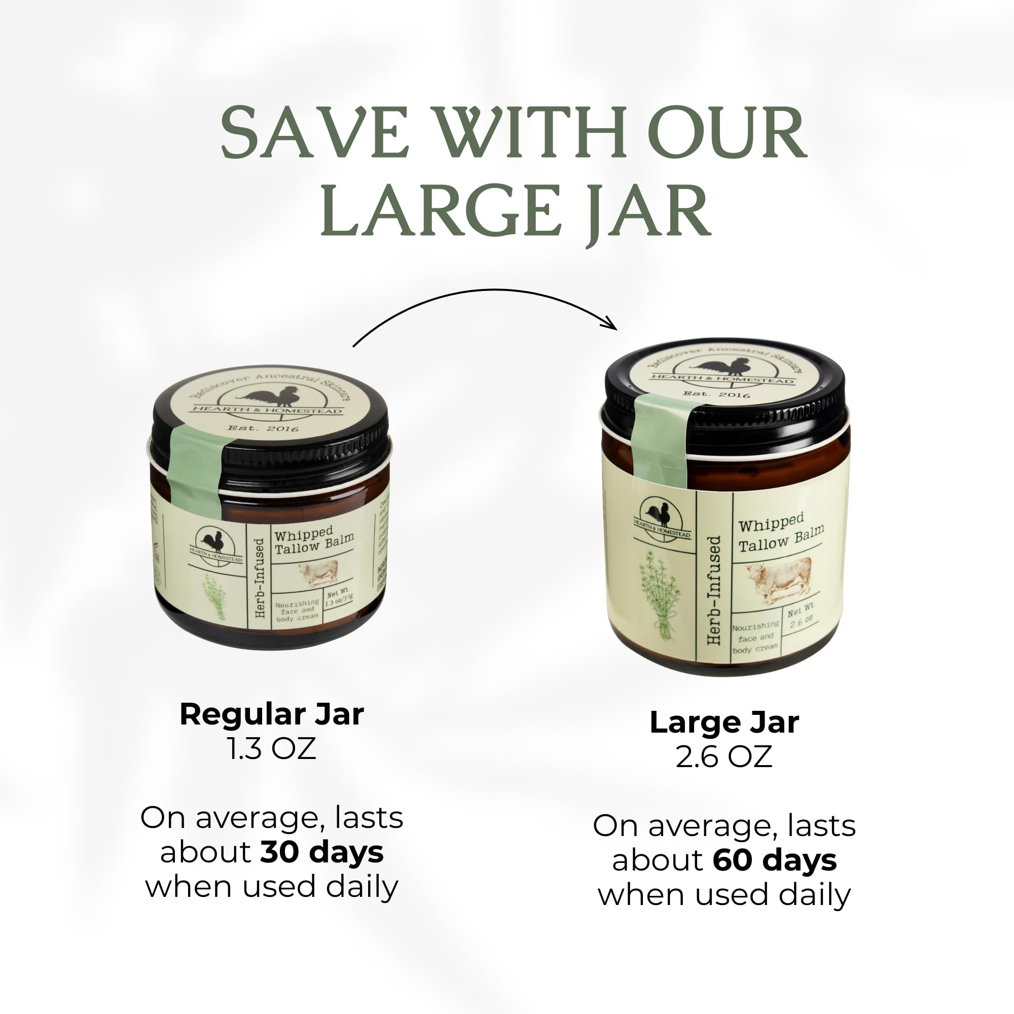 Hearth and Homestead Whipped Tallow Balm – Herb-Infused or Unscented (Large 2.6 oz Jar)