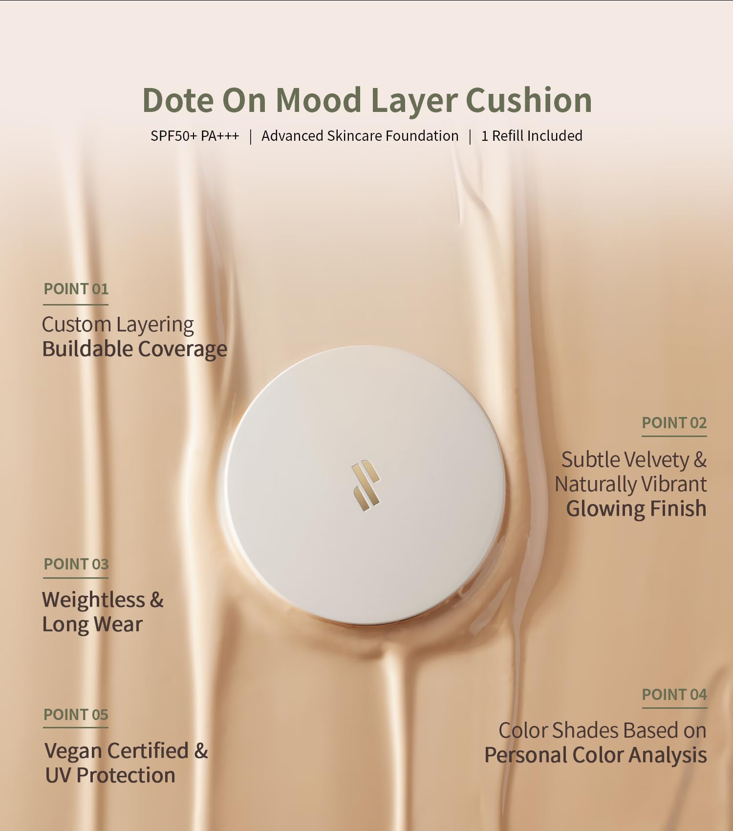 Heart Percent Dote on Mood Layer Cushion SPF 50+/PA+++ #21P – Full Coverage Foundation