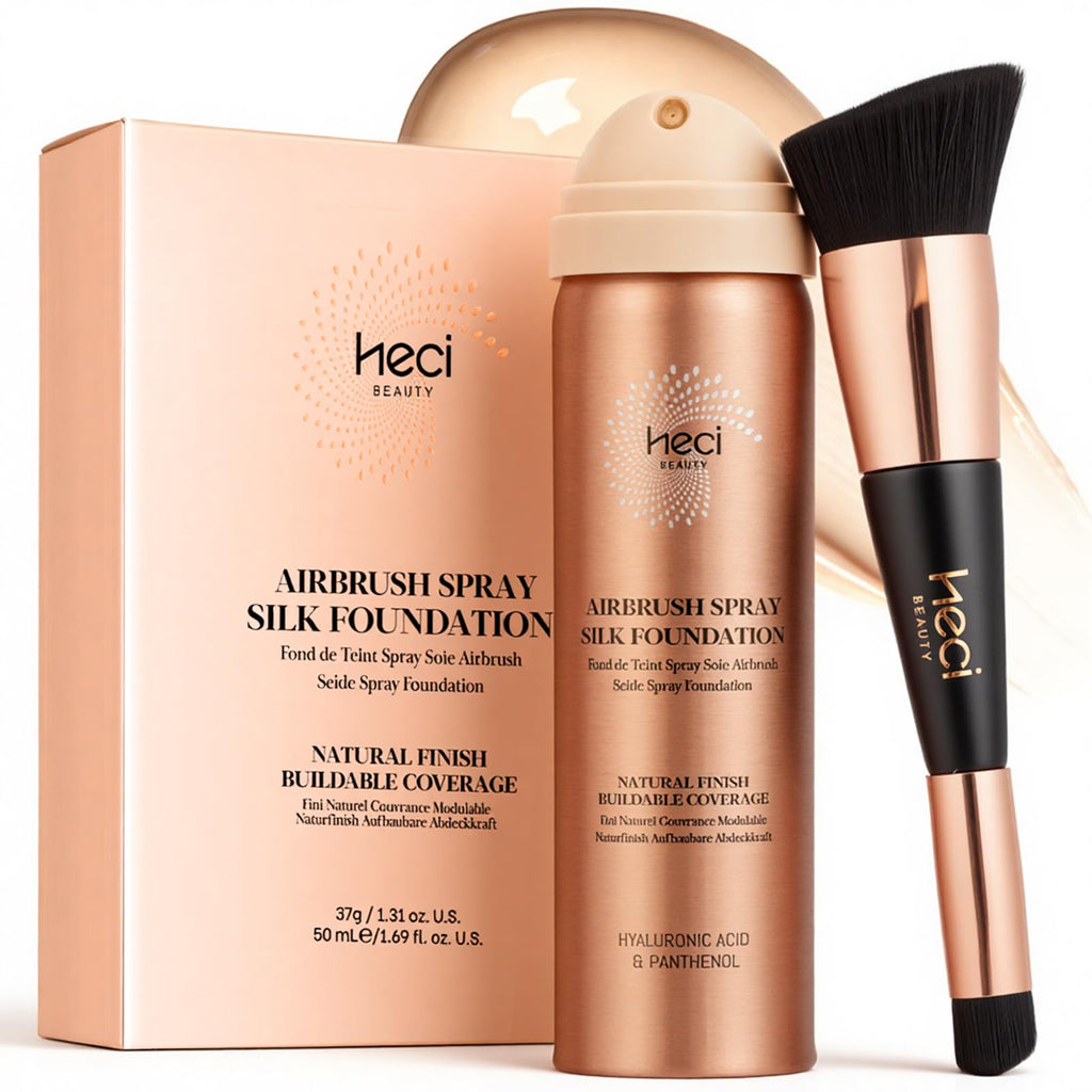 HECI BEAUTY Airbrush Foundation for Mature Skin – Silk Spray & Kabuki Brush Set | Shade 110 Light