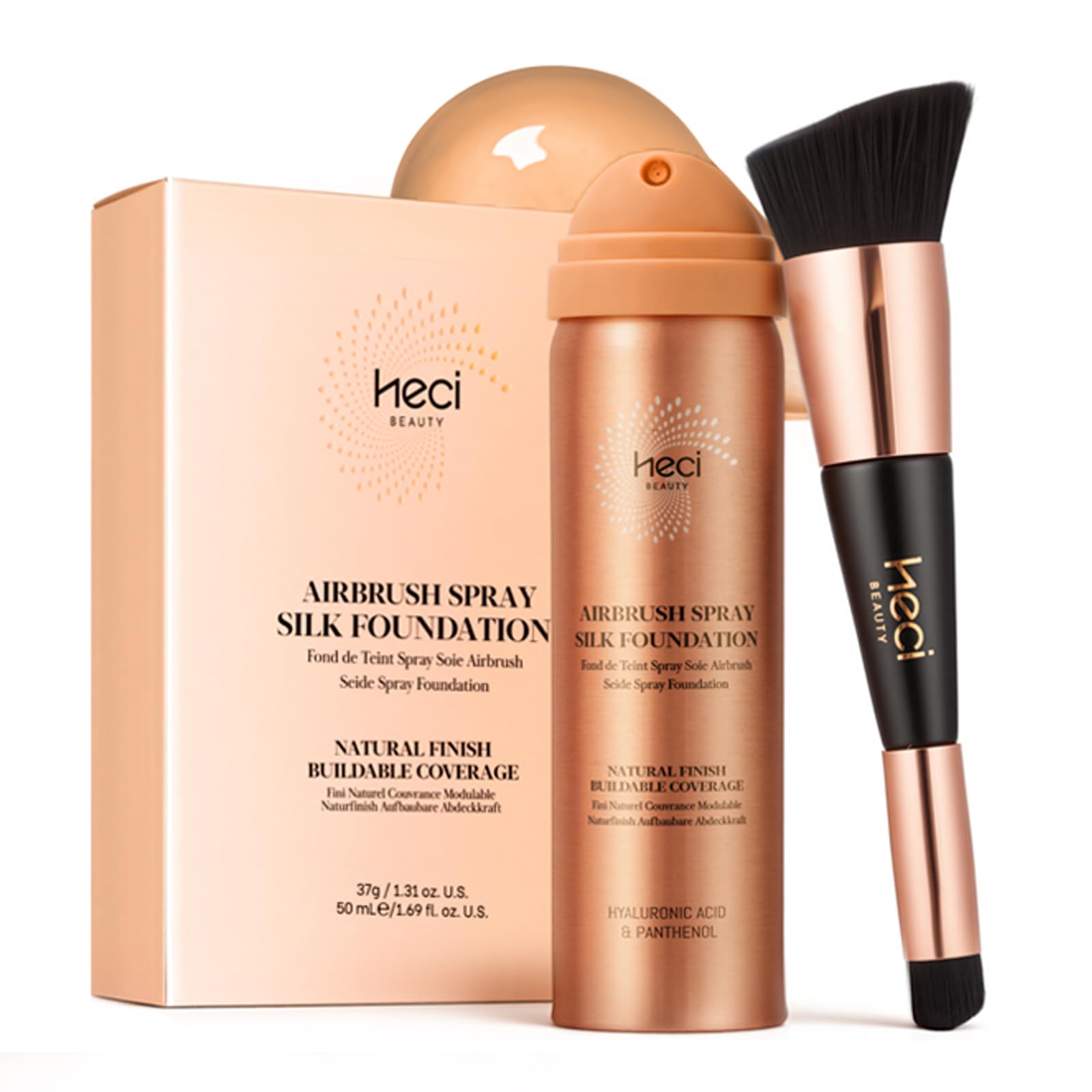 AirBrush Foundation with Nanoscale Powder – HECI BEAUTY Flawless Finish, Silk Spray & Kabuki Brush, 210 Medium