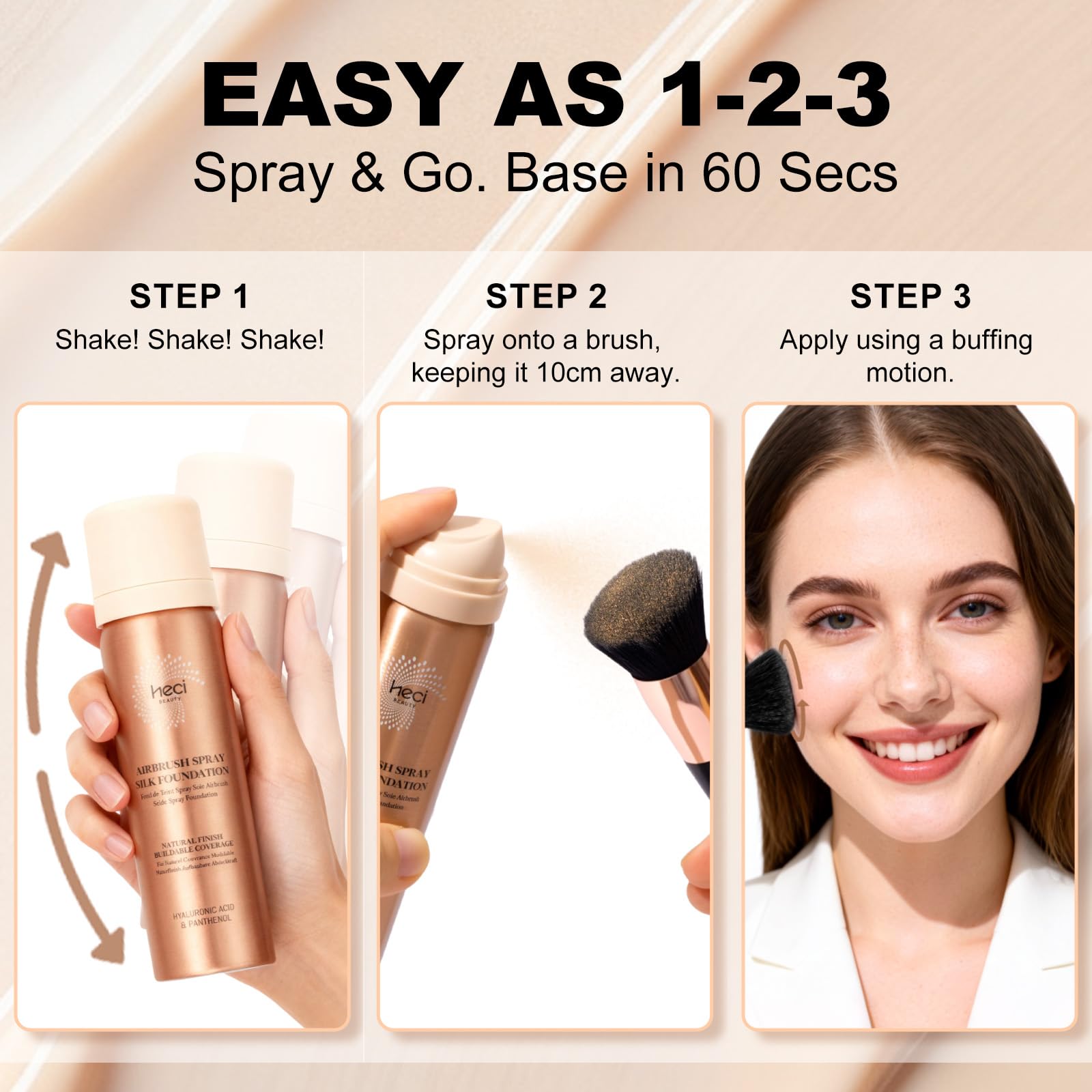 HECI BEAUTY Airbrush Foundation for Mature Skin – Silk Spray & Kabuki Brush Set | Shade 110 Light