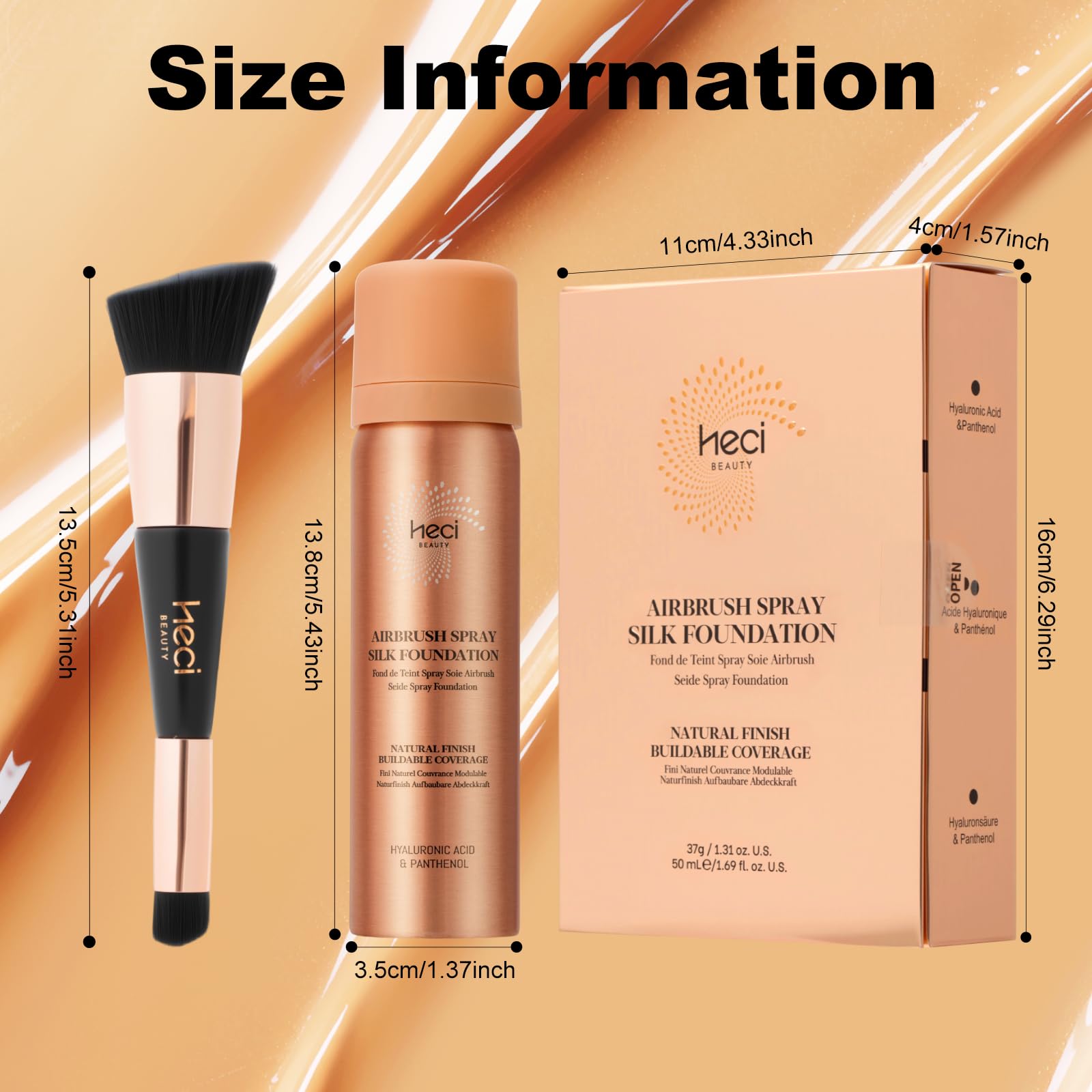 AirBrush Foundation with Nanoscale Powder – HECI BEAUTY Flawless Finish, Silk Spray & Kabuki Brush, 210 Medium