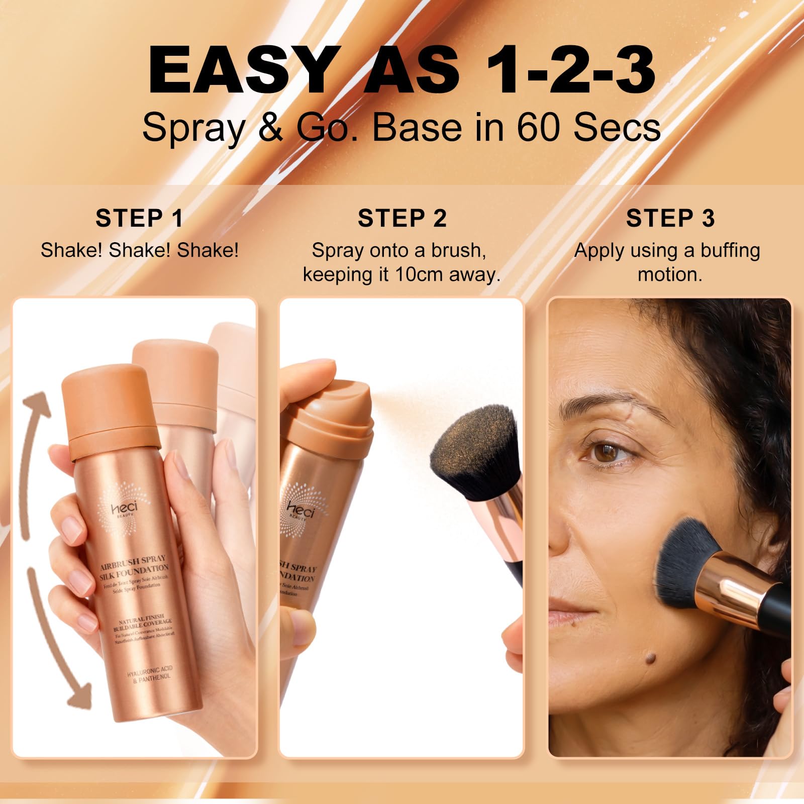 AirBrush Foundation with Nanoscale Powder – HECI BEAUTY Flawless Finish, Silk Spray & Kabuki Brush, 210 Medium
