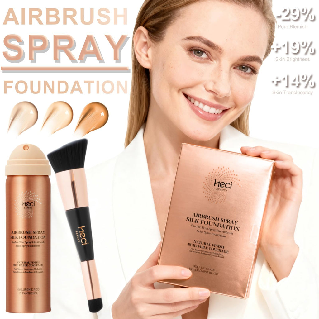 HECI BEAUTY Airbrush Foundation for Mature Skin – Silk Spray & Kabuki Brush Set | Shade 110 Light
