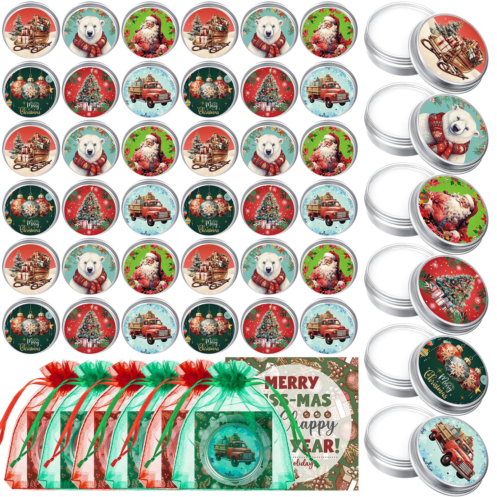 Heigble 48-Count Christmas Lip Balm Set | Honey Scented Tin Can Lip Care & Festive Gift Favors