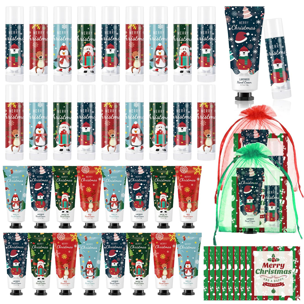 Heigble Christmas Hand Cream Gift Set – 12x Hand Cream, 12x Lip Balm, Gauze Bags & Thank You Cards