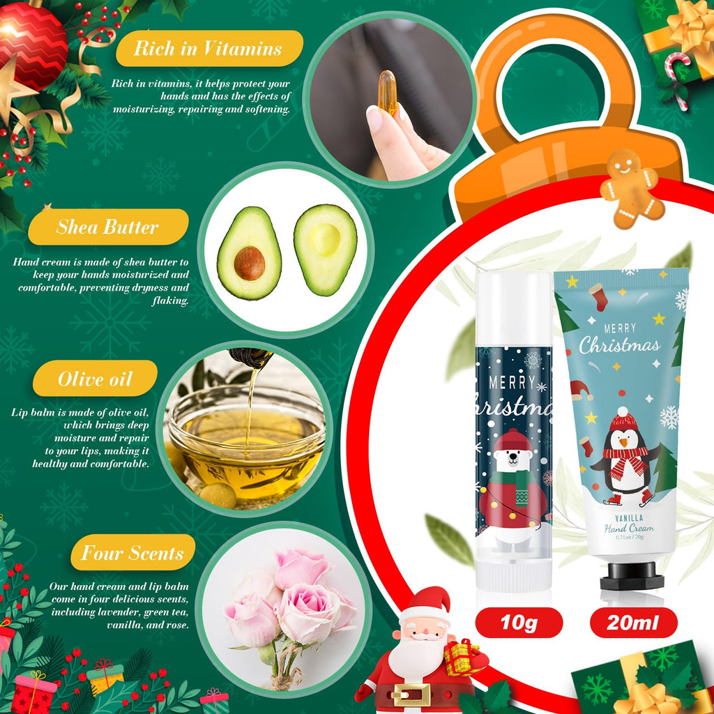 Heigble 24-Set Christmas Hand Cream Gift Set | Moisturizing Lotion, Lip Balm, Gauze Bags & Thank You Cards