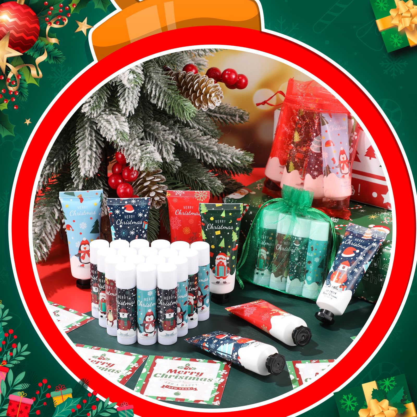 Heigble 24-Set Christmas Hand Cream Gift Set | Moisturizing Lotion, Lip Balm, Gauze Bags & Thank You Cards
