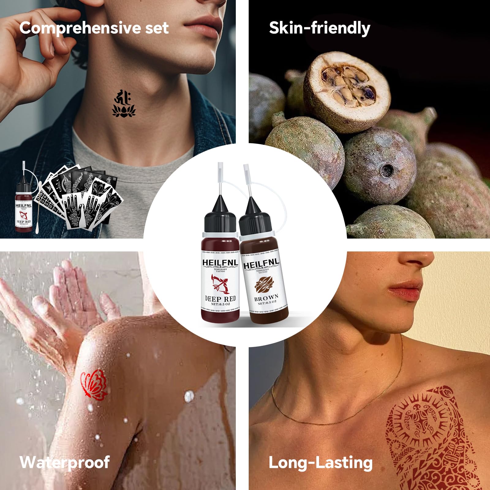 HEILFNL Temporary Tattoo Kit — 14 Color Inks & 75 Stencils for DIY Body Art