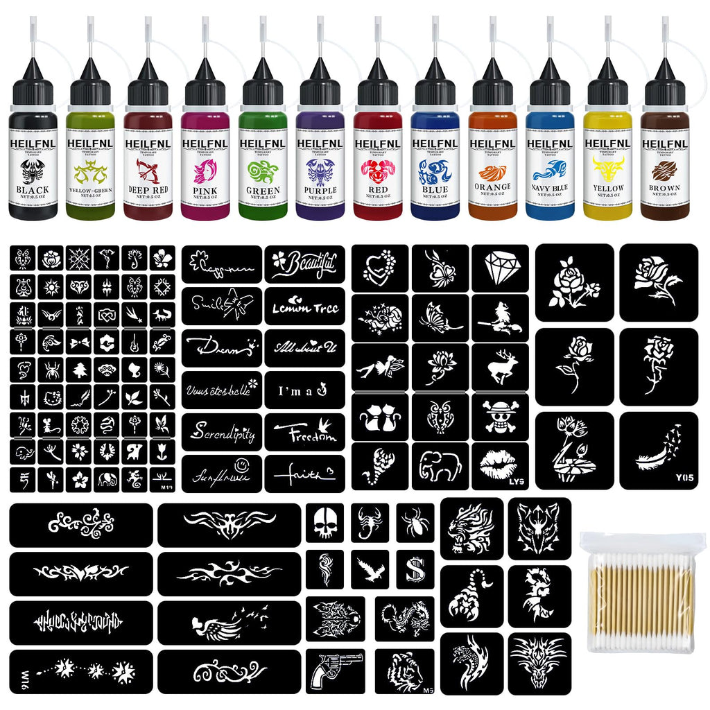 HEILFNL Temporary Tattoo Kit — 12 Ink Colors, 111 Stencils, DIY Body Art