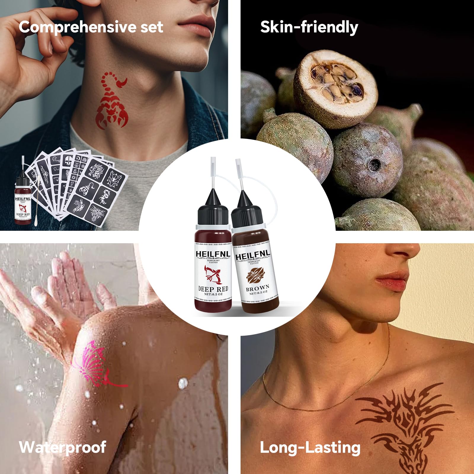 HEILFNL Temporary Tattoo Kit — 12 Ink Colors, 111 Stencils, DIY Body Art