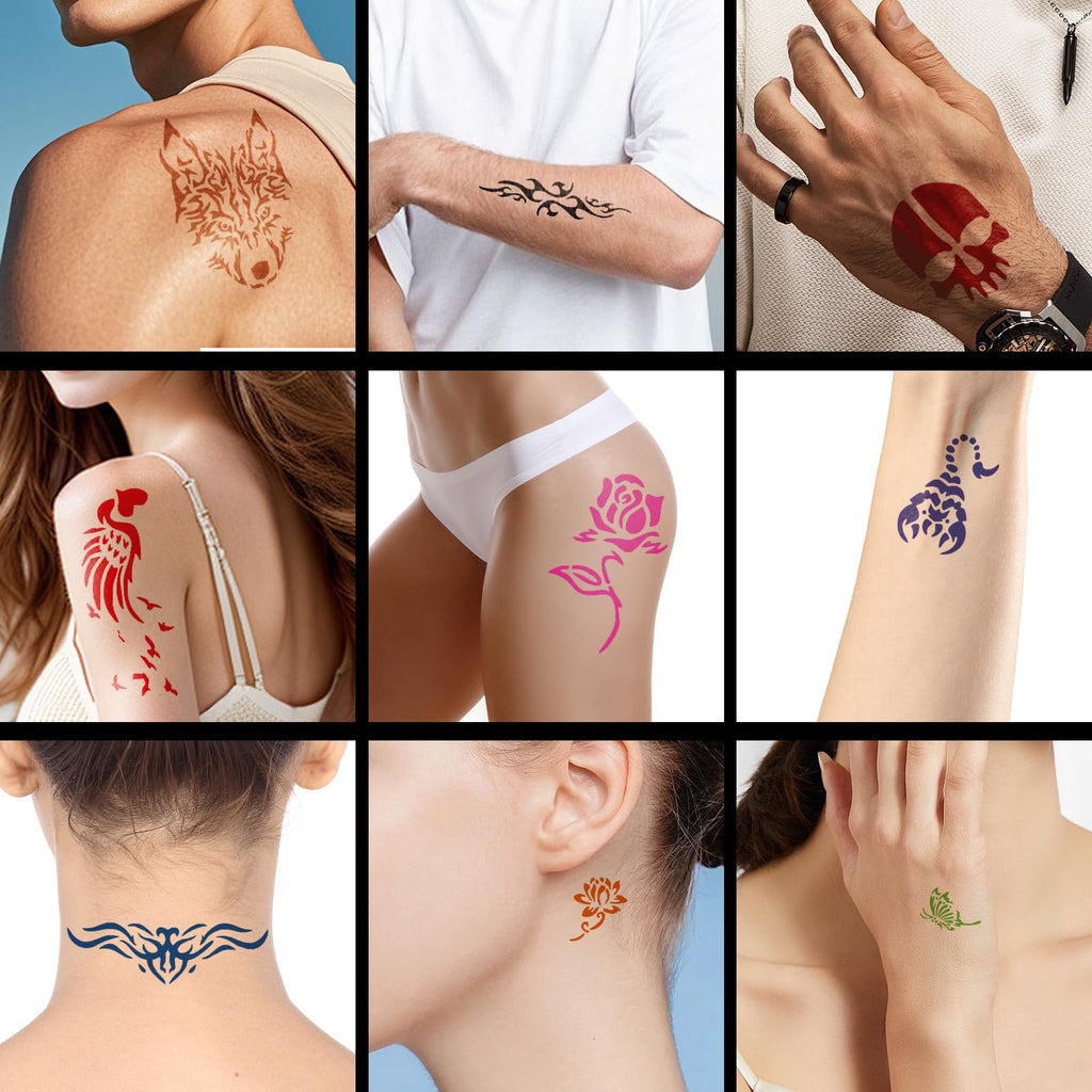 HEILFNL Temporary Tattoo Kit — 12 Ink Colors, 111 Stencils, DIY Body Art