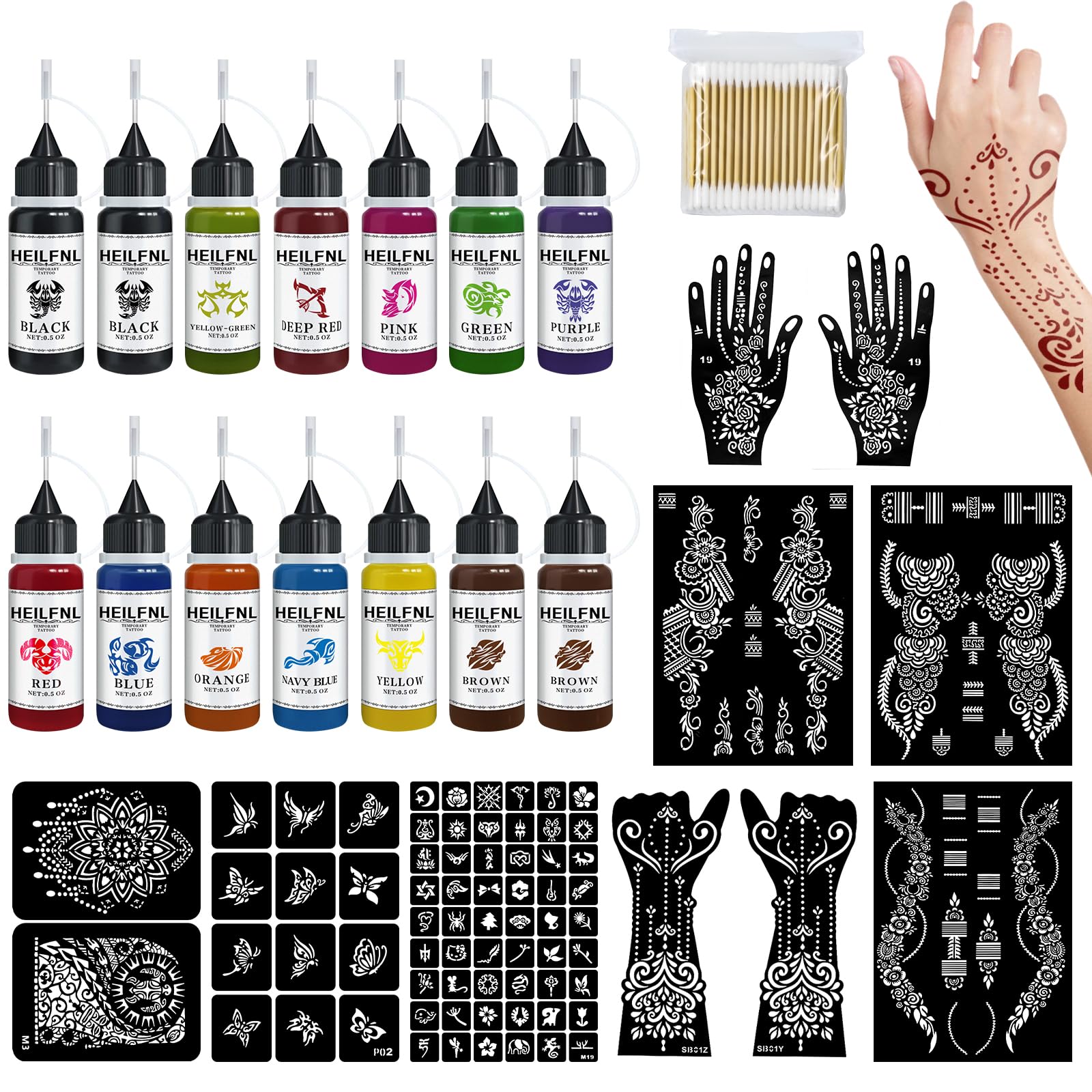 HEILFNL Temporary Tattoo Kit — 14 Color Inks & 75 Stencils for DIY Body Art