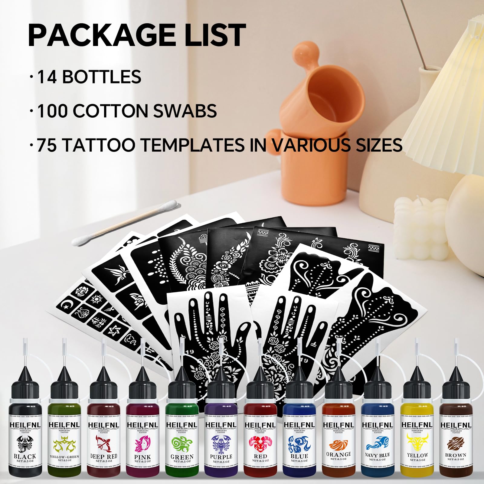 HEILFNL Temporary Tattoo Kit — 14 Color Inks & 75 Stencils for DIY Body Art