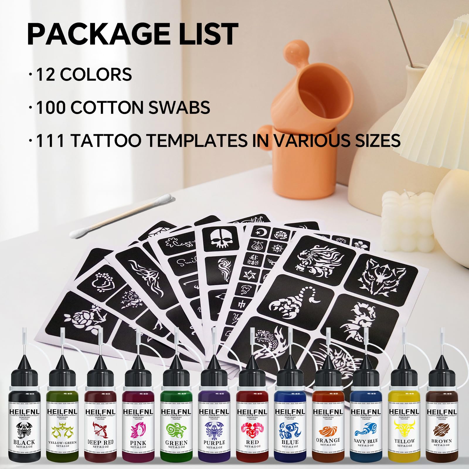 HEILFNL Temporary Tattoo Kit — 12 Ink Colors, 111 Stencils, DIY Body Art