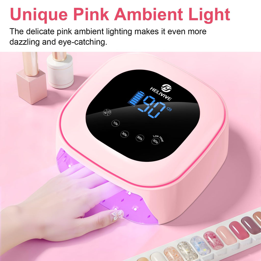 HELIVIVE Cordless UV LED Nail Lamp 80W – Pink, 4 Timers, Mirror Base | Home & Salon