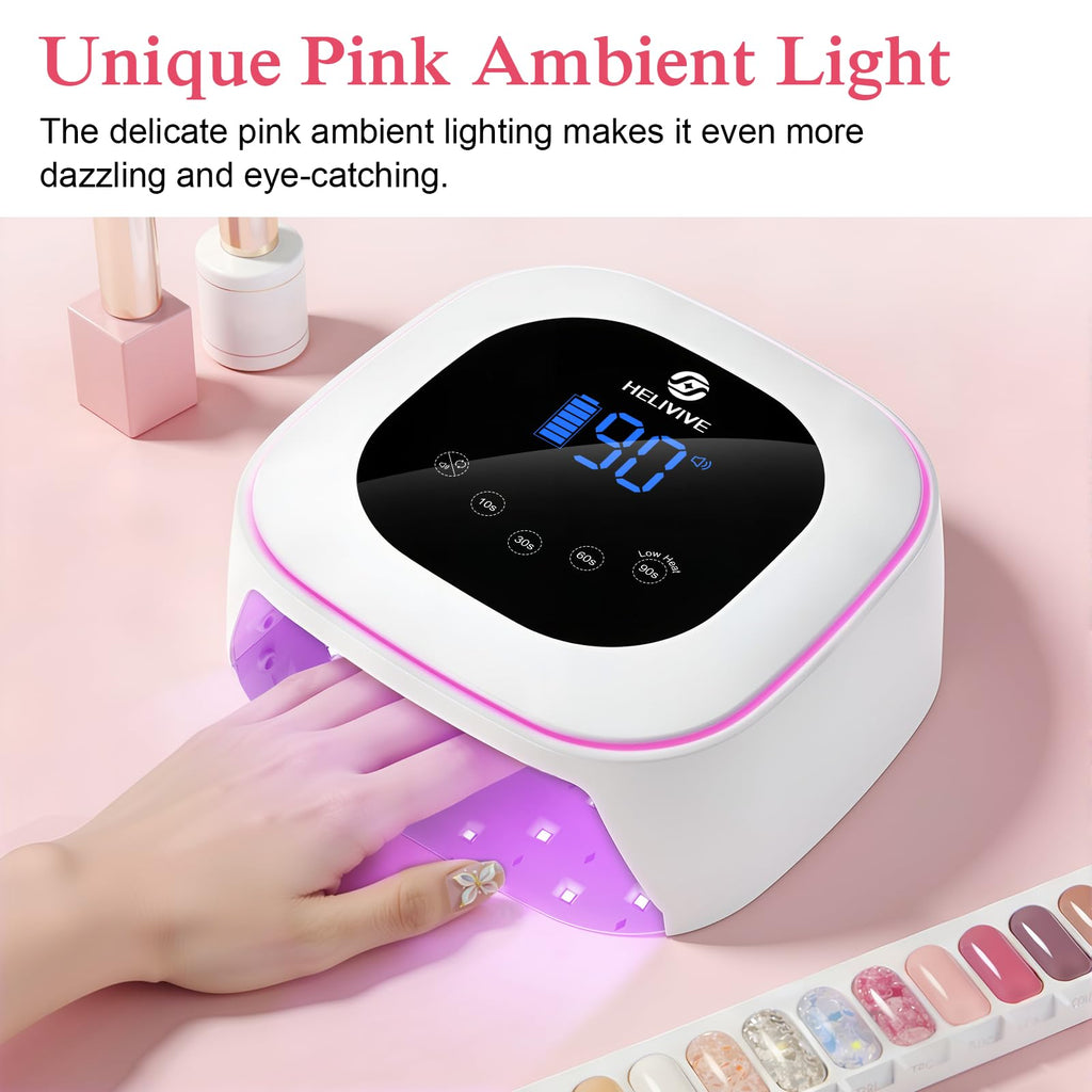 HELIVIVE Cordless UV LED Nail Lamp 80W – 4 Timers, Mirror Base, Pink Ambient Ring
