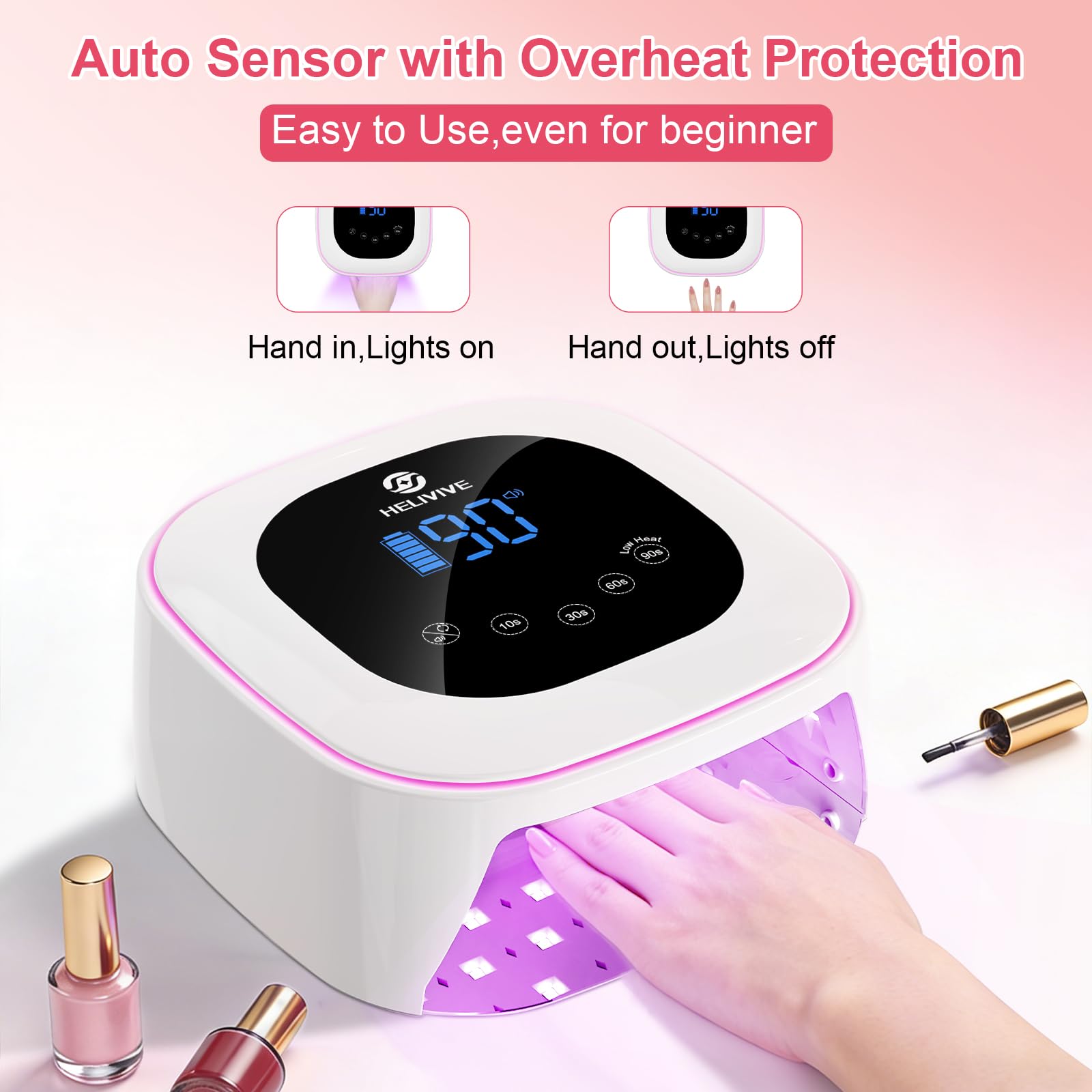 HELIVIVE Cordless UV LED Nail Lamp 80W – 4 Timers, Mirror Base, Pink Ambient Ring