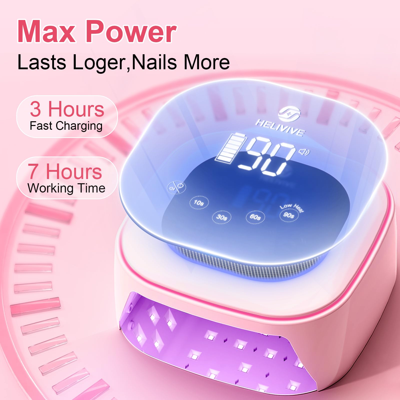 HELIVIVE Cordless UV LED Nail Lamp 80W – Pink, 4 Timers, Mirror Base | Home & Salon