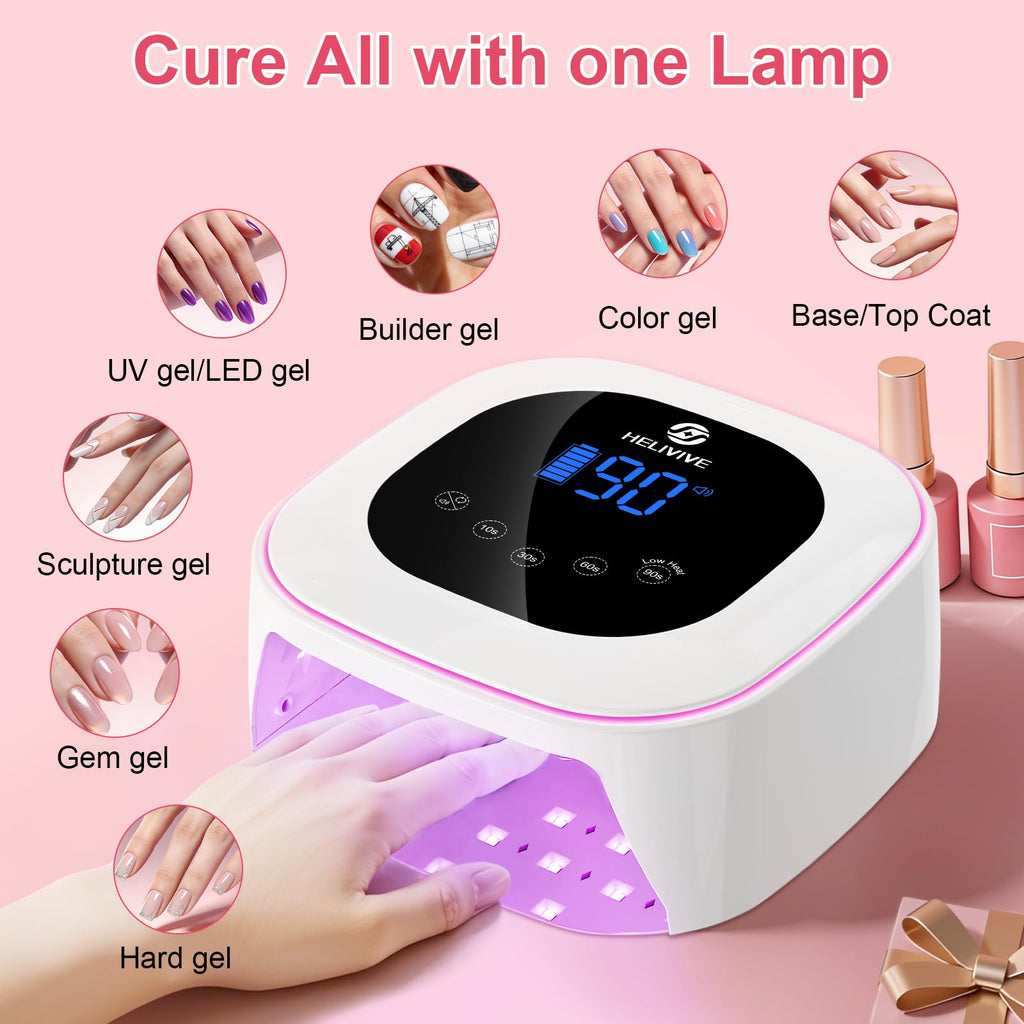 HELIVIVE Cordless UV LED Nail Lamp 80W – 4 Timers, Mirror Base, Pink Ambient Ring