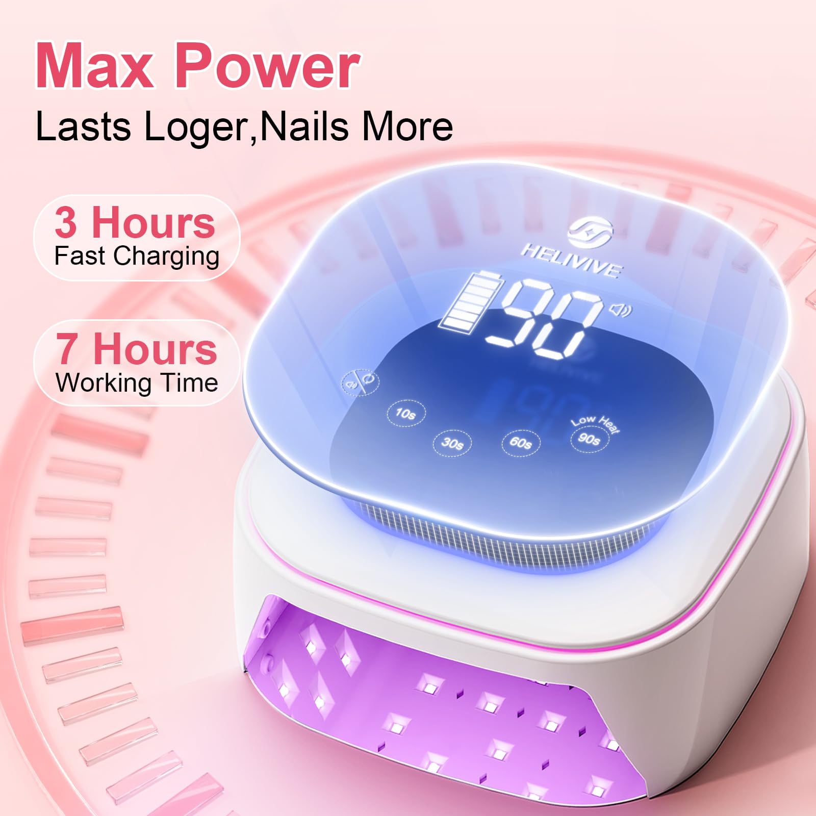 HELIVIVE Cordless UV LED Nail Lamp 80W – 4 Timers, Mirror Base, Pink Ambient Ring
