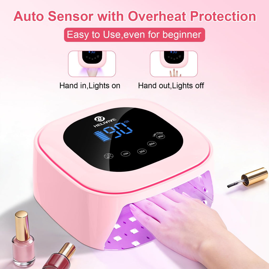 HELIVIVE Cordless UV LED Nail Lamp 80W – Pink, 4 Timers, Mirror Base | Home & Salon