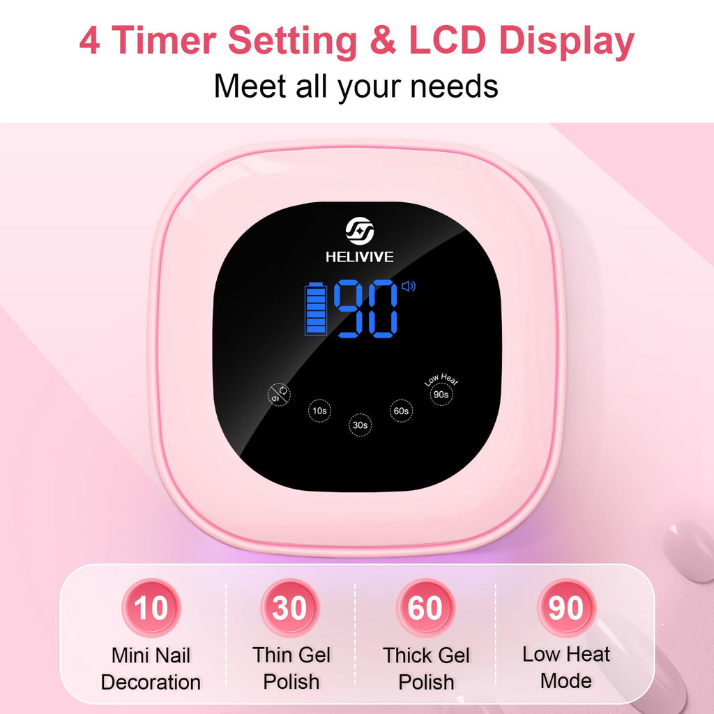 HELIVIVE Cordless UV LED Nail Lamp 80W – Pink, 4 Timers, Mirror Base | Home & Salon