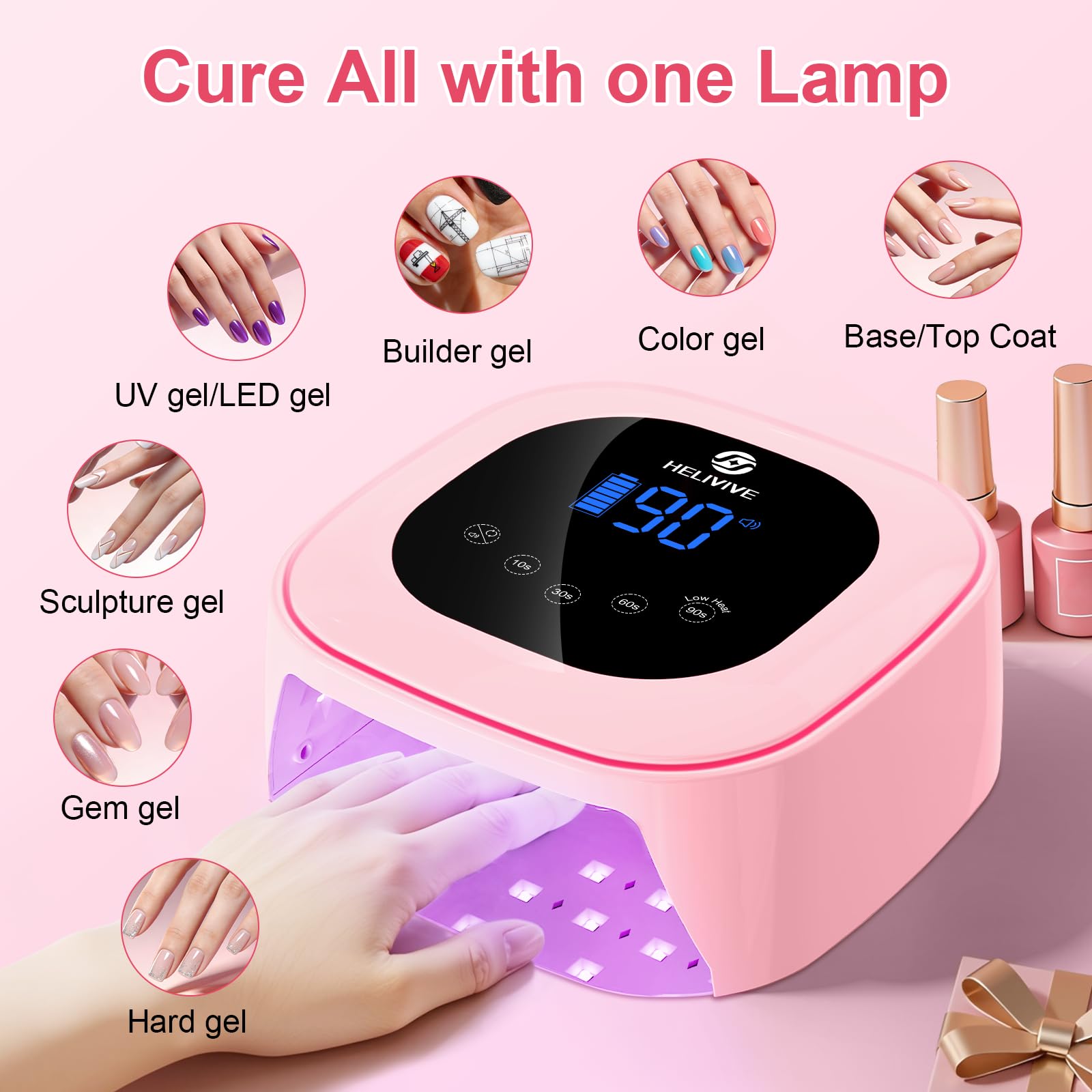 HELIVIVE Cordless UV LED Nail Lamp 80W – Pink, 4 Timers, Mirror Base | Home & Salon