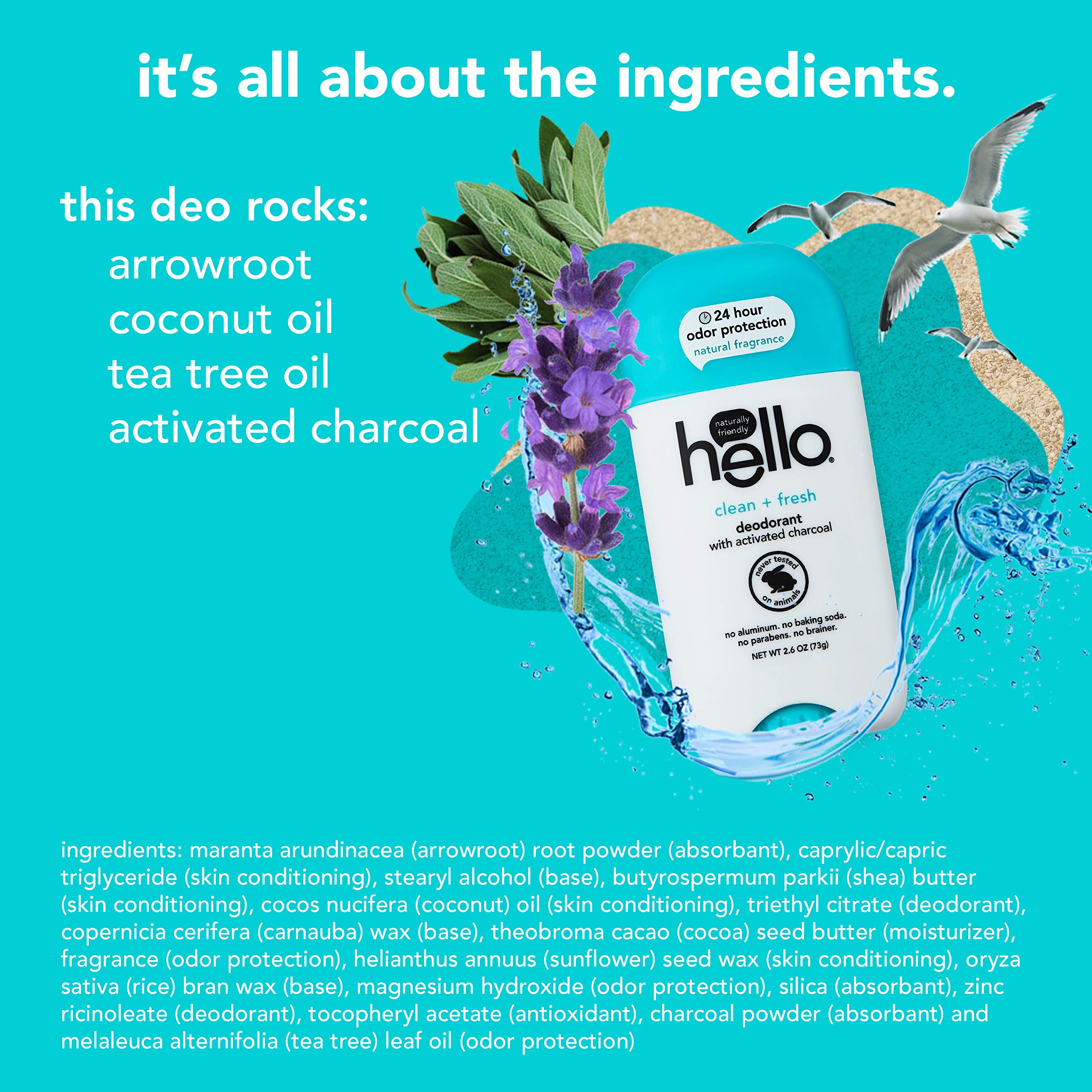 Hello Activated Charcoal Fresh and Clean Deodorant – Aluminum Free, Baking Soda Free, Paraben Free (2.6 oz, Pack of 3)