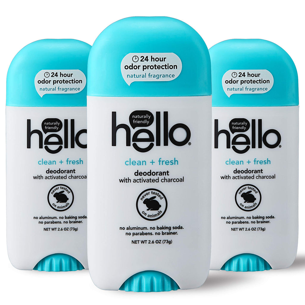 Hello Activated Charcoal Fresh and Clean Deodorant – Aluminum Free, Baking Soda Free, Paraben Free (2.6 oz, Pack of 3)