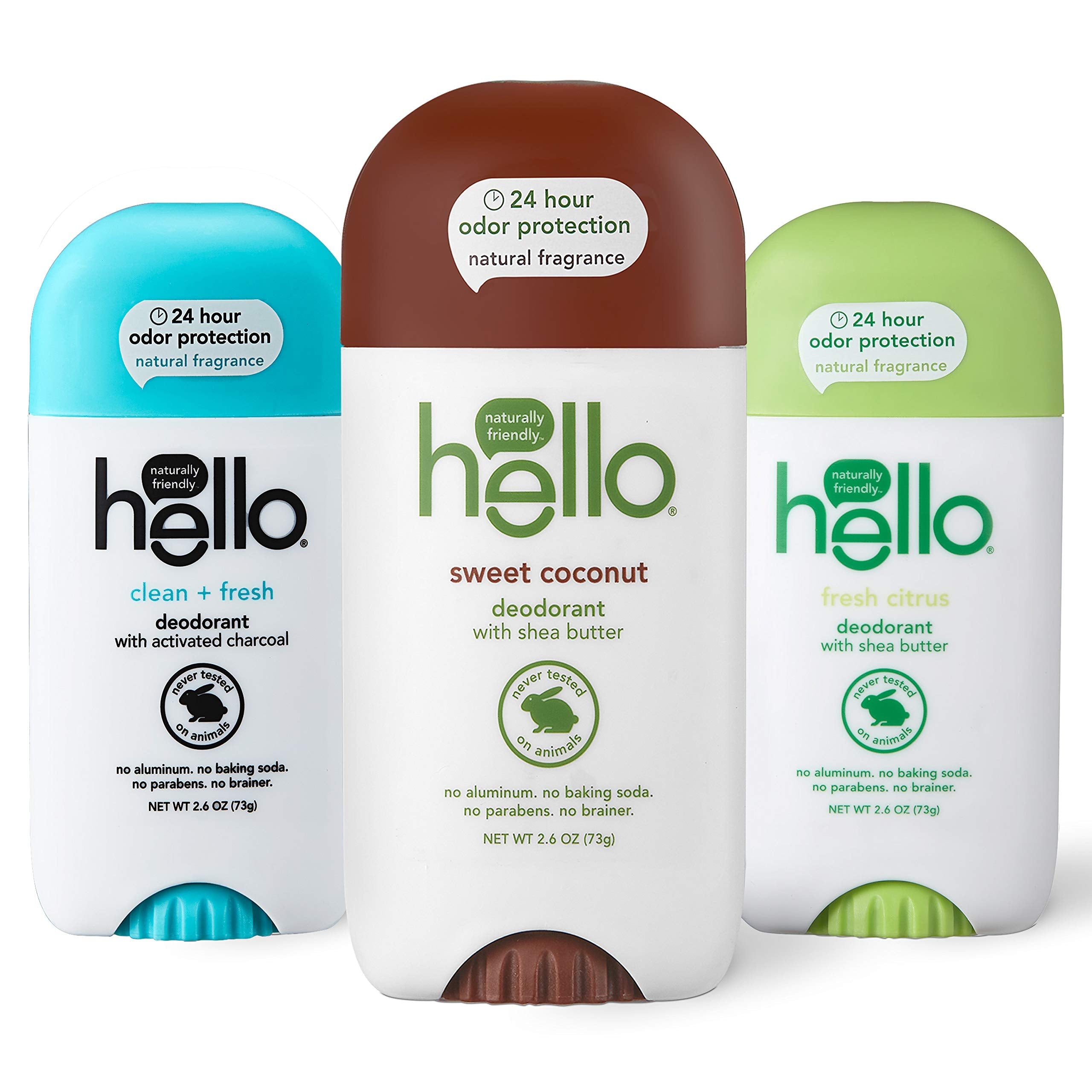 Hello Deodorant Trio with Shea Butter – 24h Odor Protection, Aluminum-Free, 3 x 2.6oz (Sweet Coconut, Fresh Citrus, Clean + Fresh)