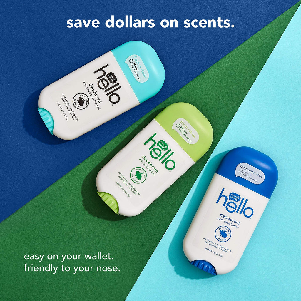 Hello Deodorant Trio with Shea Butter – 24h Odor Protection, Aluminum-Free, 3 x 2.6oz (Sweet Coconut, Fresh Citrus, Clean + Fresh)