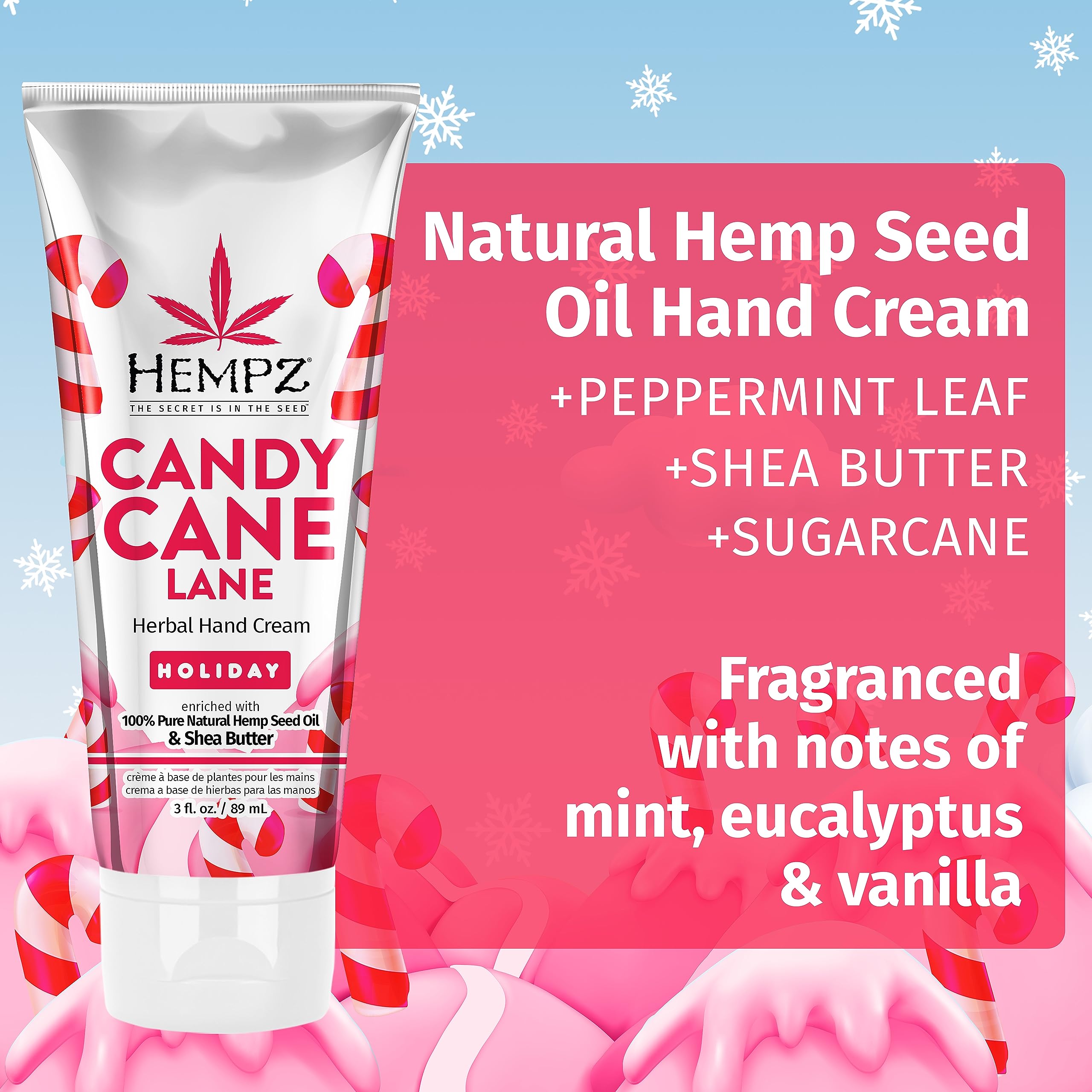 Hempz Candy Cane Lane Hand Cream – Limited Edition 3 oz Travel Size with Shea Butter